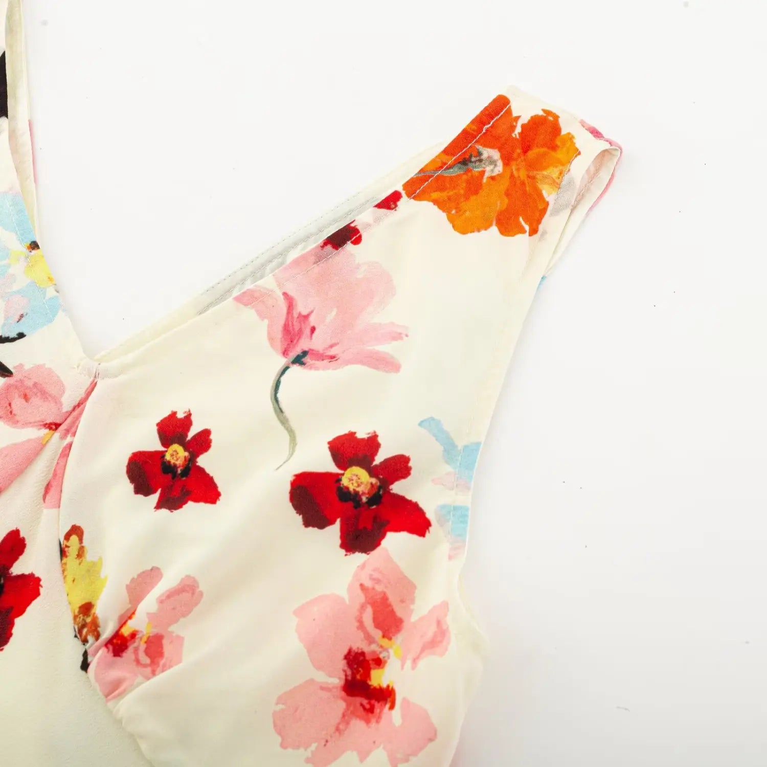 Sleeveless cap ruffle sleeve macro close-up, chiffon wave frill neat serging soft arm coverage print fabric detail shot