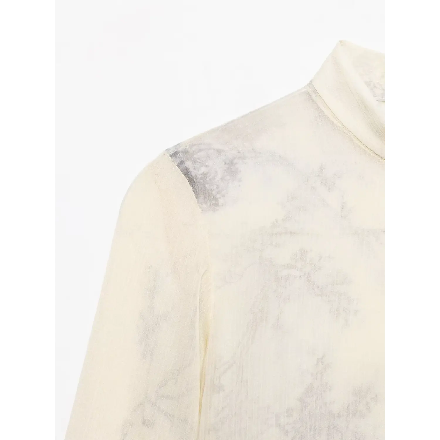 Shoulder & mandarin collar partial close-up, lightweight crinkle chiffon texture, ink wash gradient print on shoulder panel