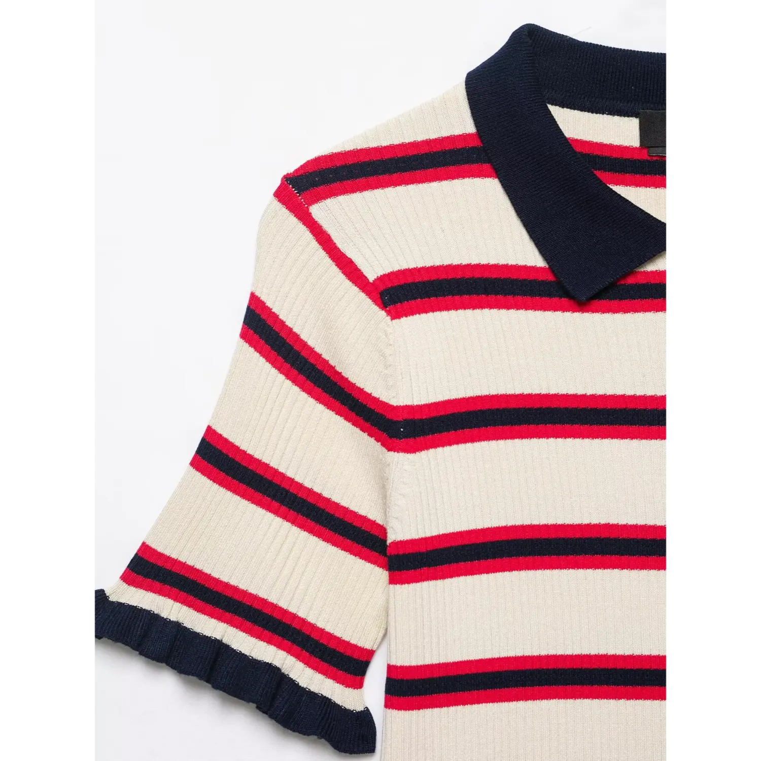 Shoulder partial close-up, contrast navy polo collar, horizontal stripe rib knit, ruffled short sleeve cuff