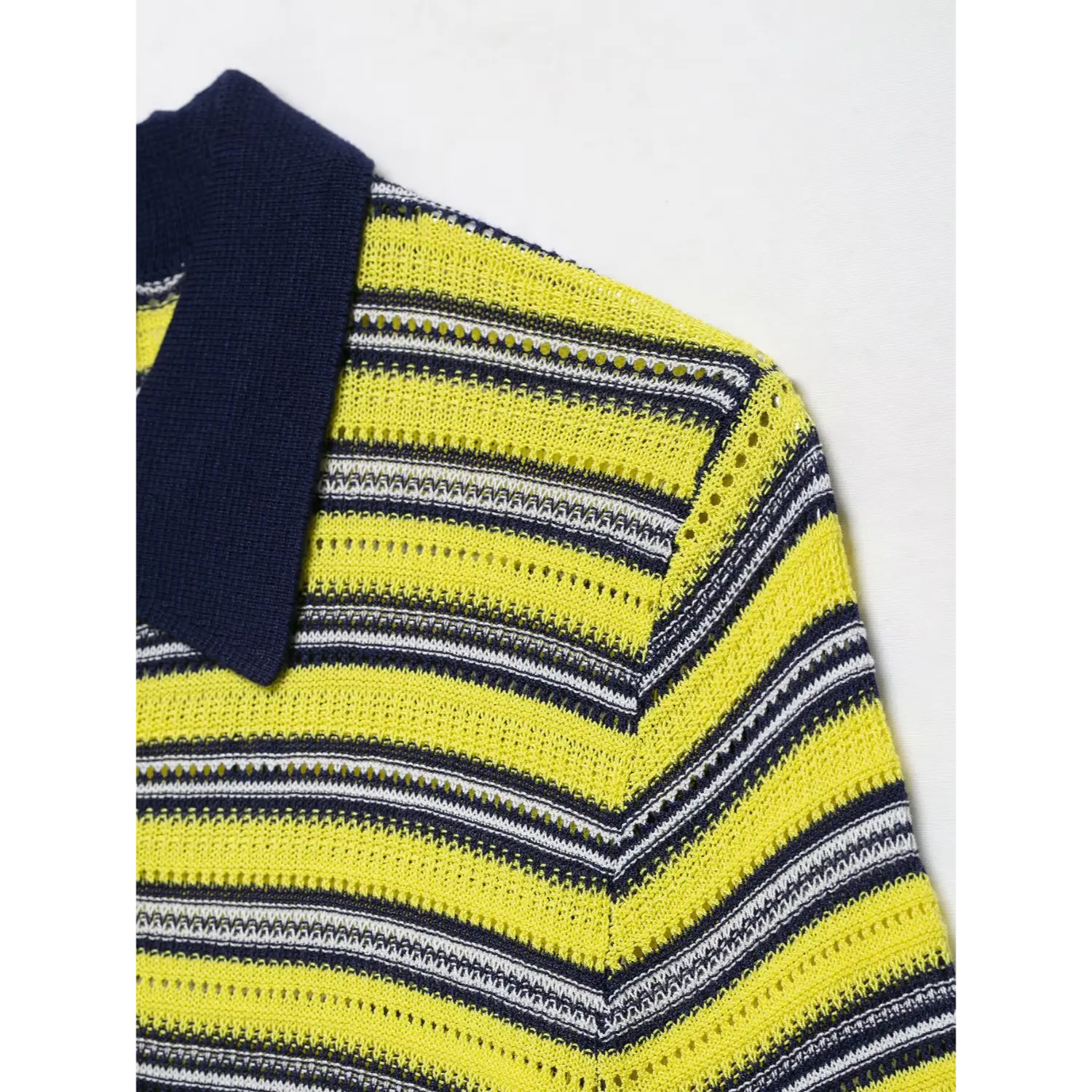 Shoulder and sleeve close-up, shoulder seam, striped openwork knit hole texture, color stripe arrangement