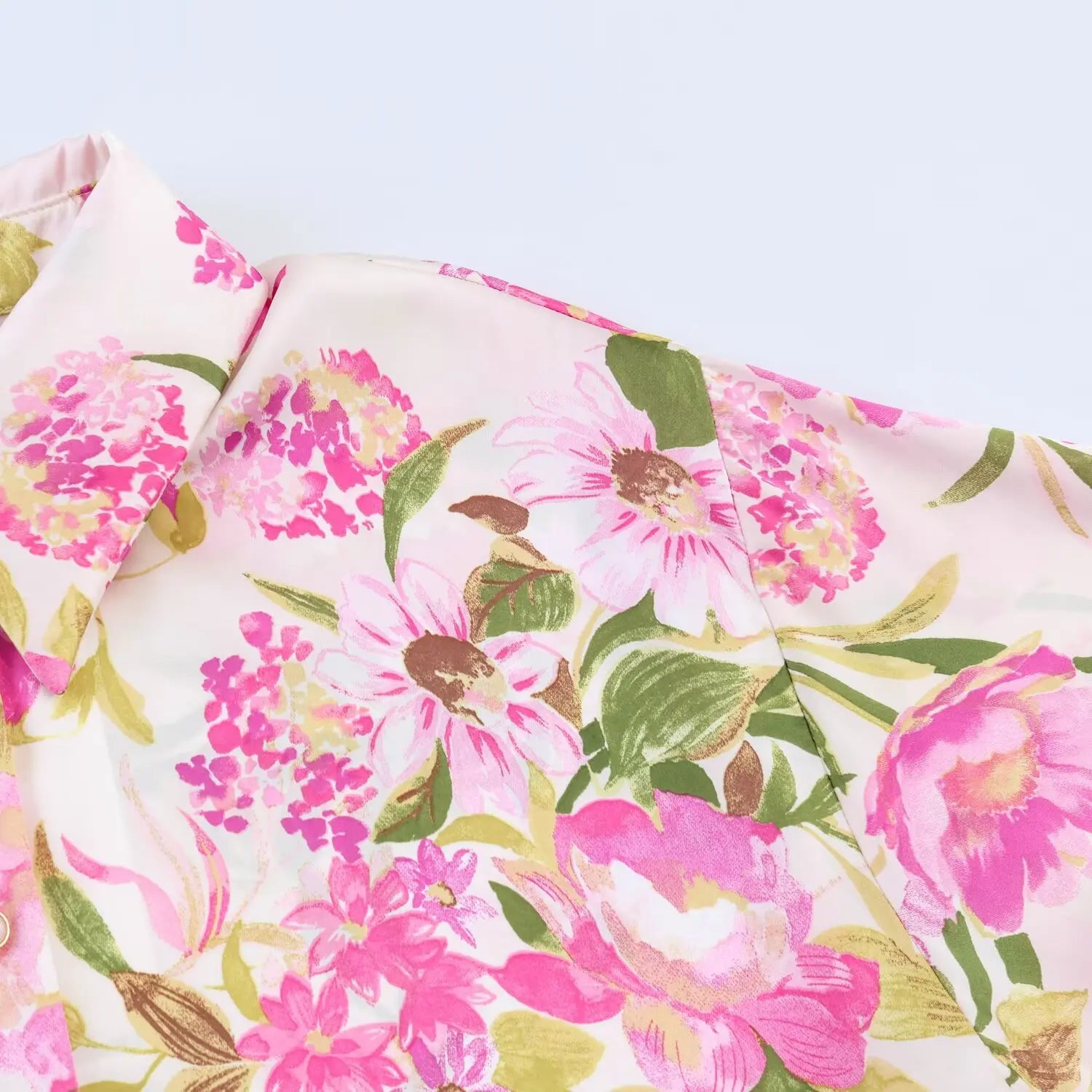 Shoulder & upper sleeve close-up, large pink peony print, soft drape satin material