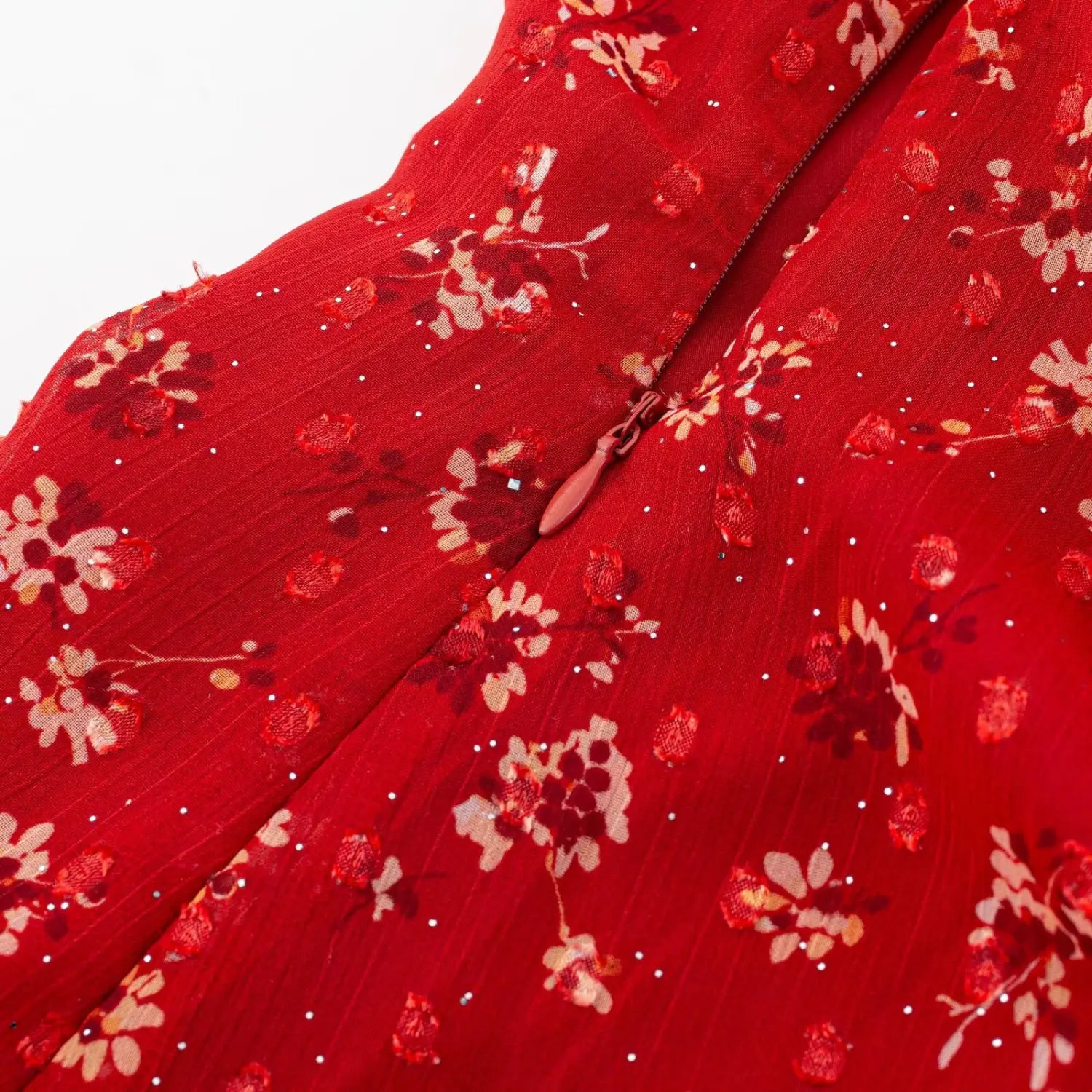 Dress side matching invisible zipper macro close-up, smooth zipper pull double binding serging easy wear side craft shot