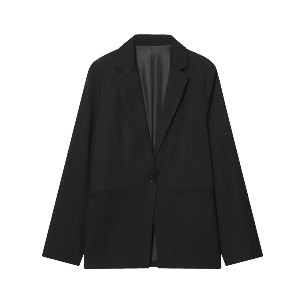 Black single button notch lapel blazer, front flat lay