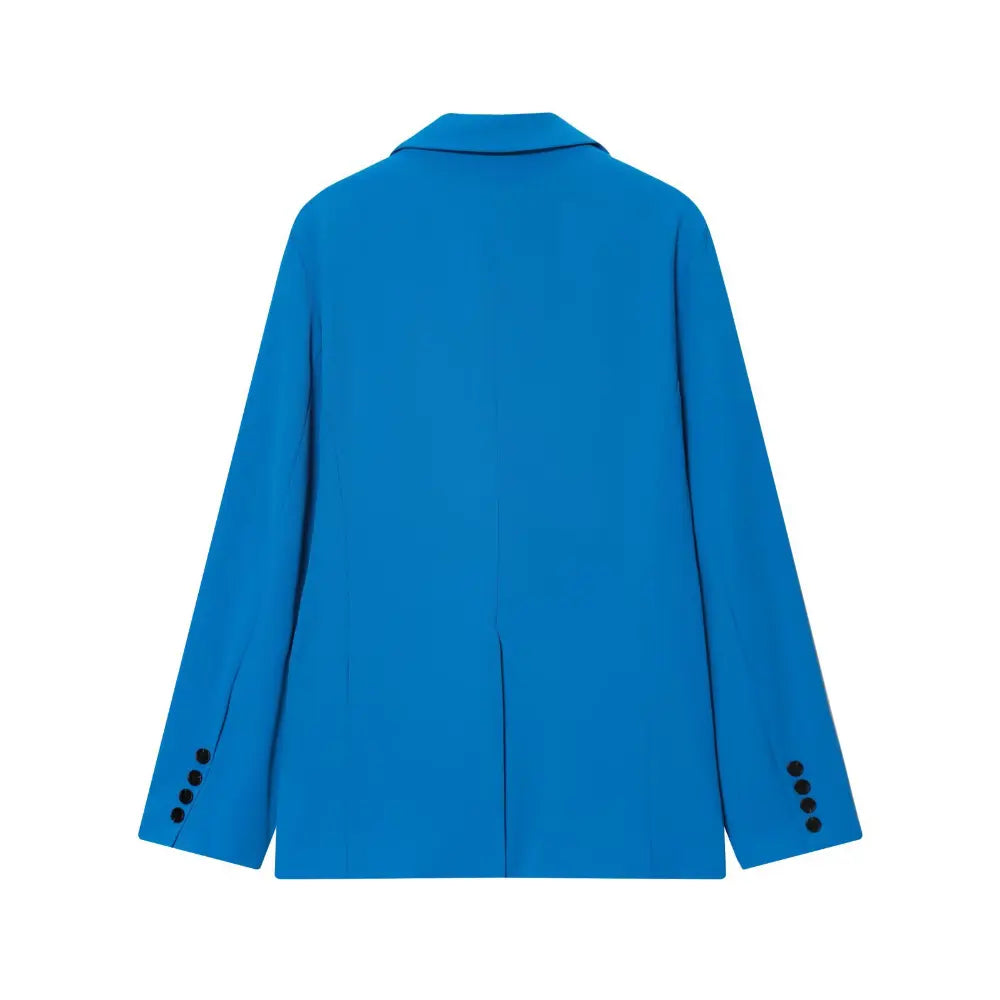 Bright blue single button notch lapel blazer, back flat lay
