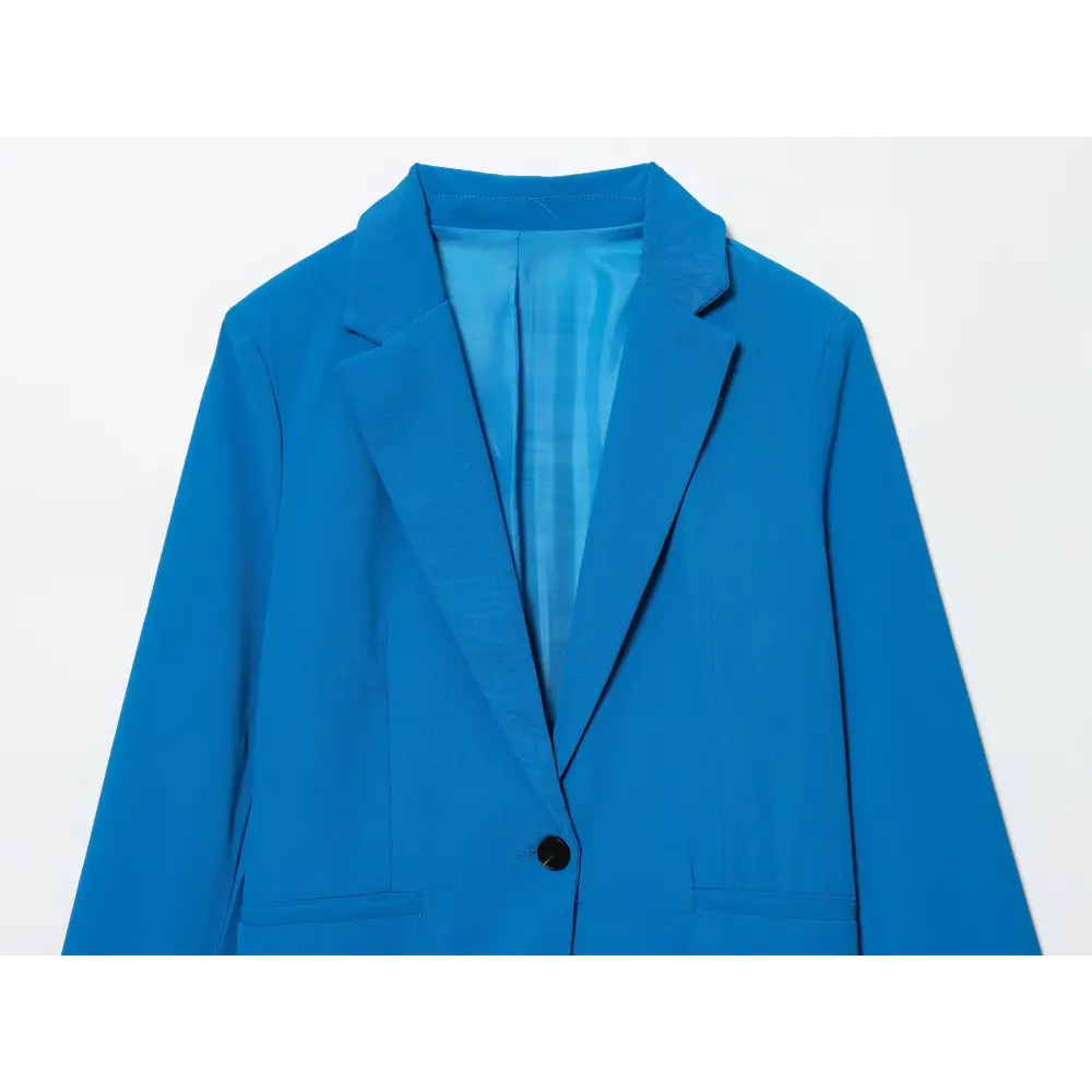 Bright blue single button notch lapel blazer, front flat lay