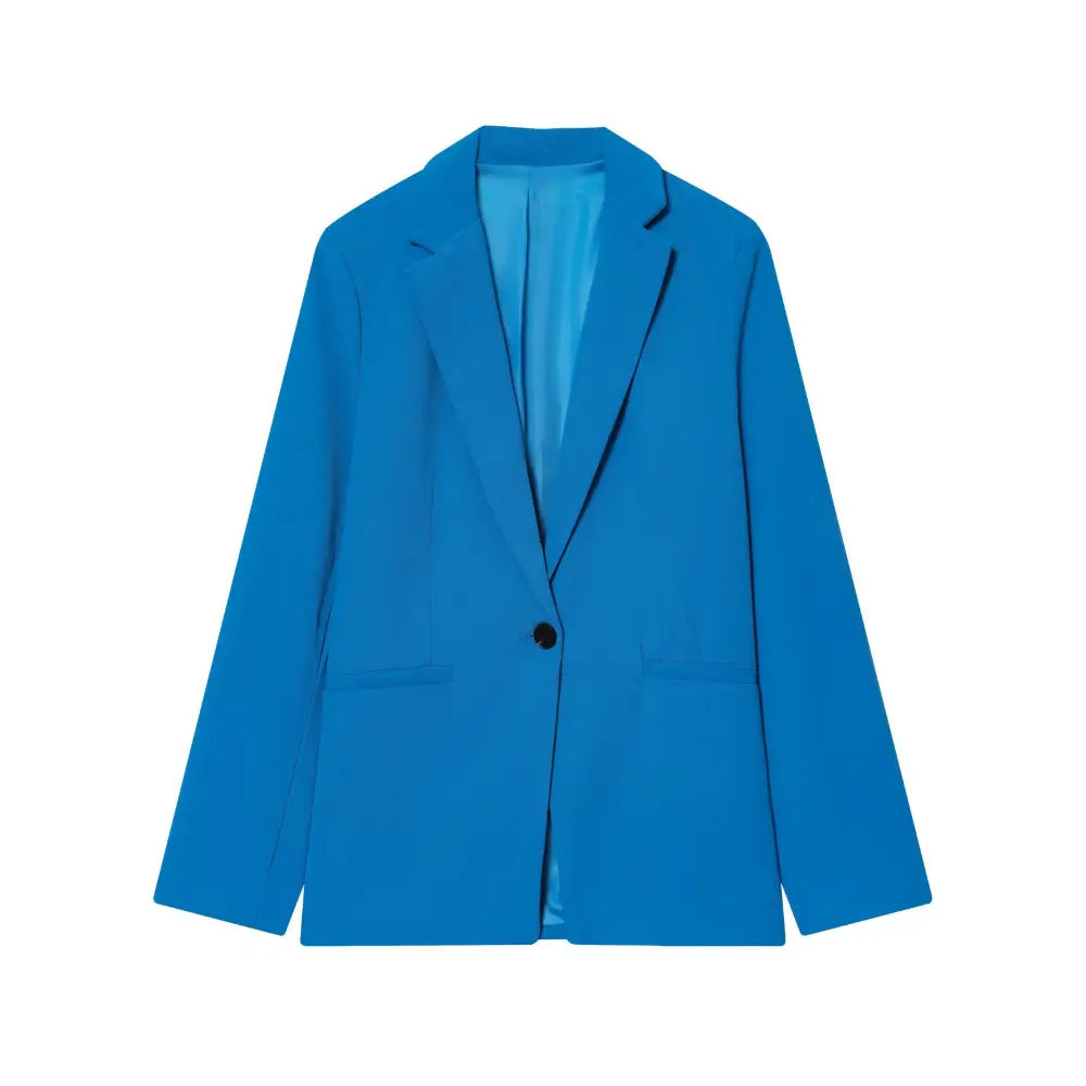 Bright blue single button notch lapel blazer, front flat lay