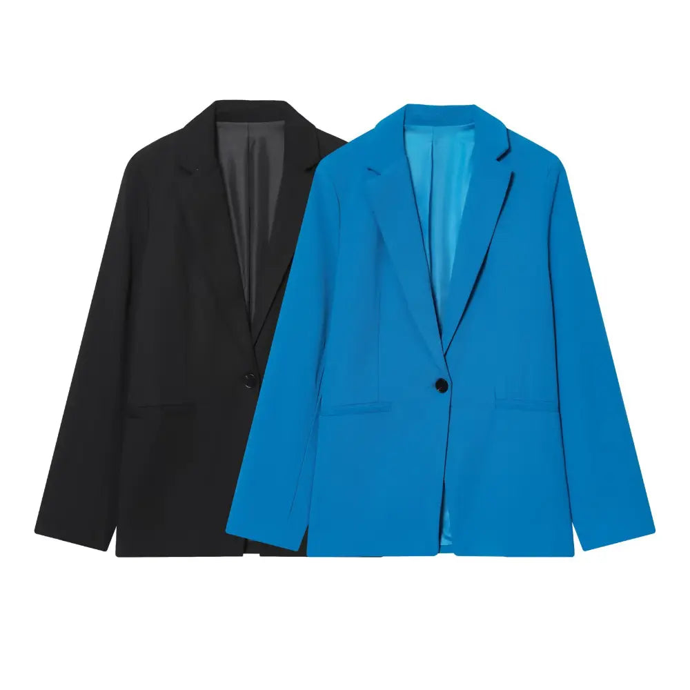 Black and bright blue single button notch lapel blazer, color comparison