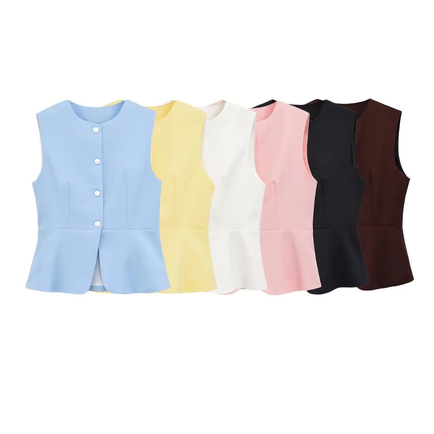 Women peplum vest full color collection: Light Blue, Yellow, White, Pink, Black, Brown, sleeveless tailored top