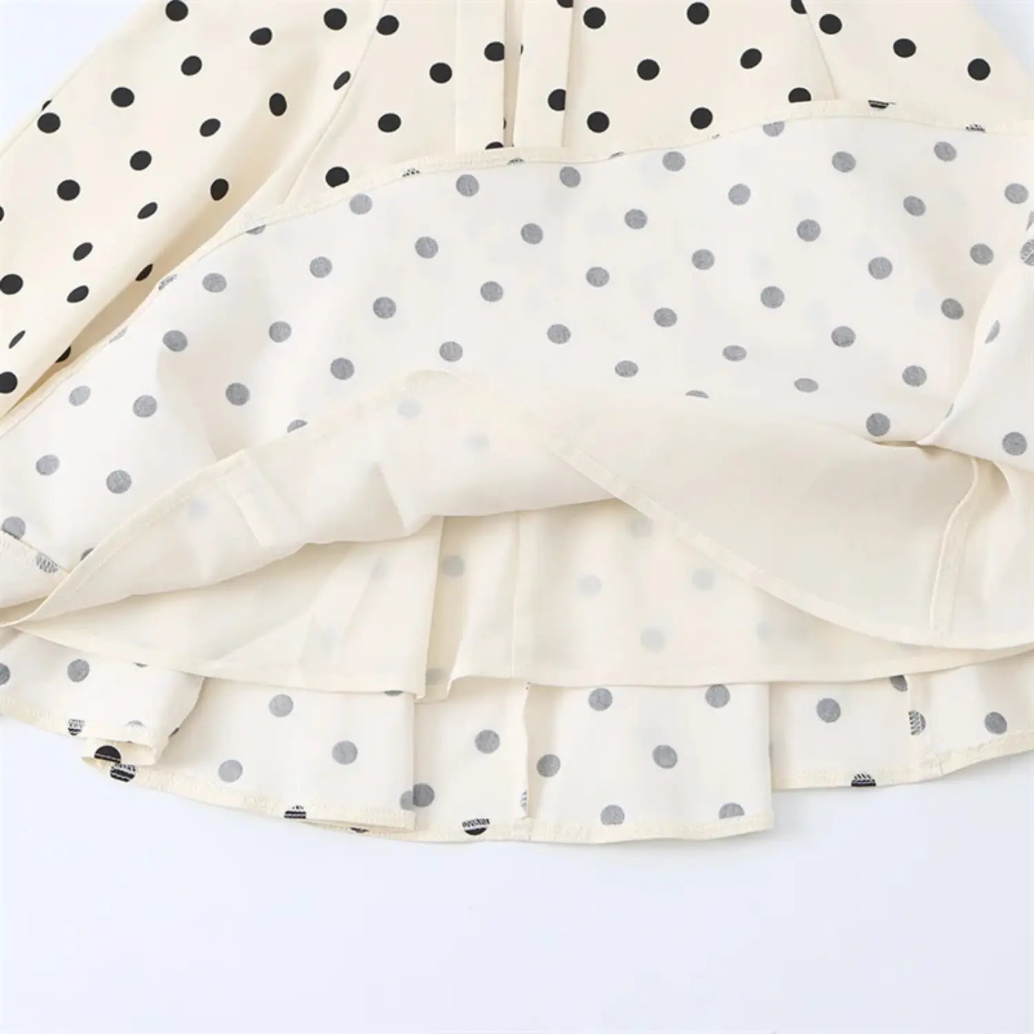 Skirt hem flipped open shot, matching polka dot lining fabric, double layer hem craft, thin soft lining texture