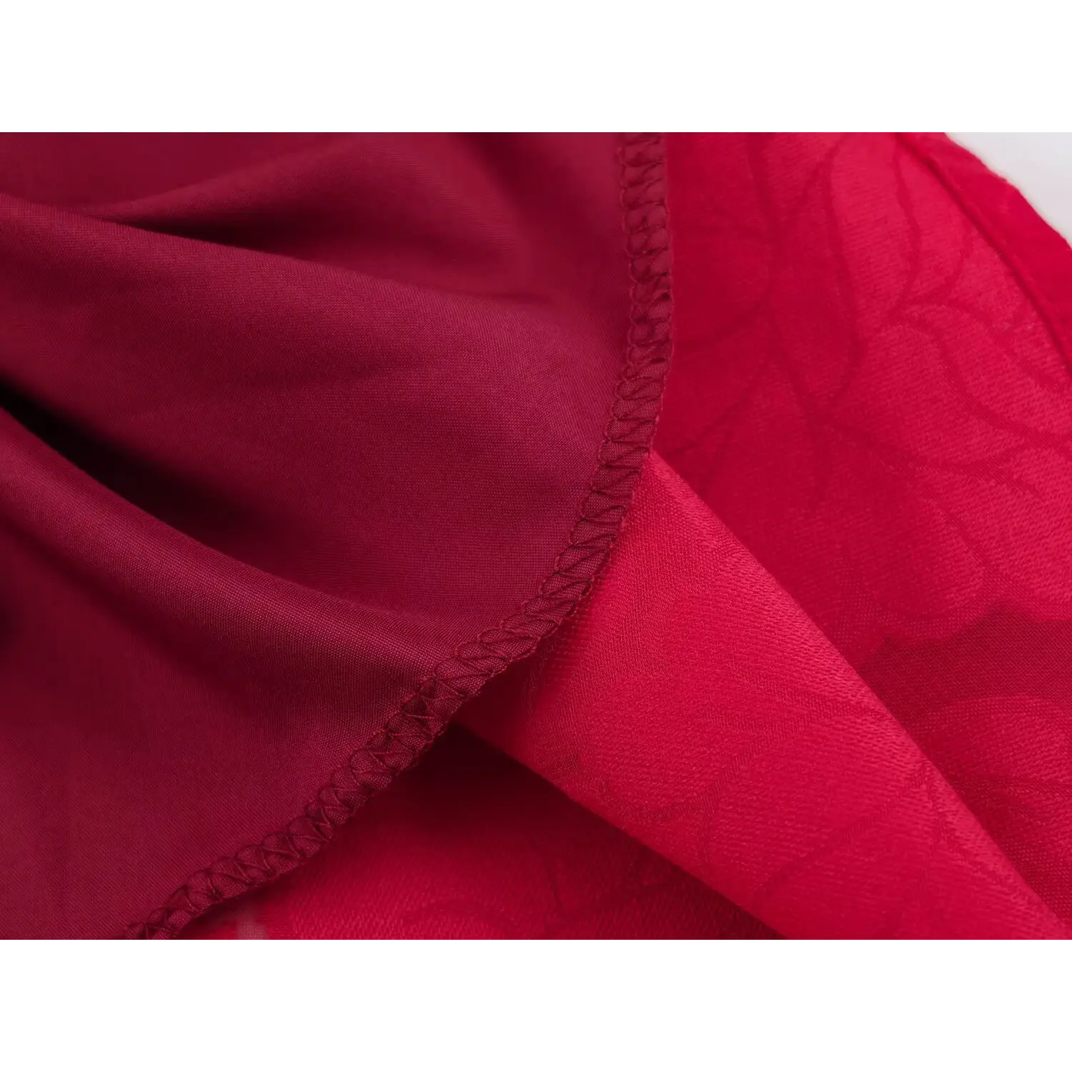 Maxi skirt inner lining partial shot, outer embossed jacquard + solid red smooth anti-see-through lining