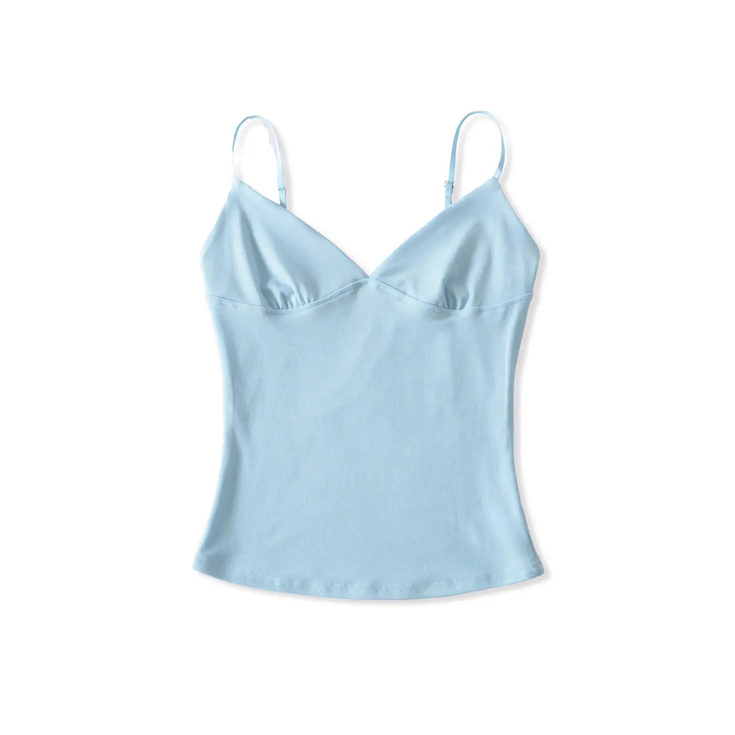 Clean flat studio shot sky blue ribbed camisole tank top, deep gathered V neck, adjustable matching shoulder straps, fitted waist casual layering singlet