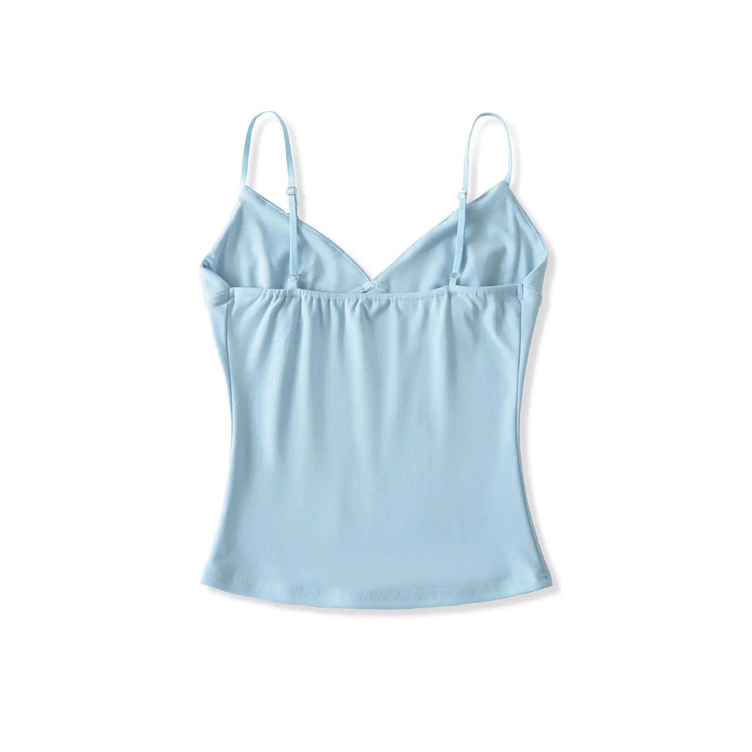 Full back flat lay studio photo light blue ribbed cami top, adjustable matching shoulder straps, gathered elastic back waist curved bottom hem