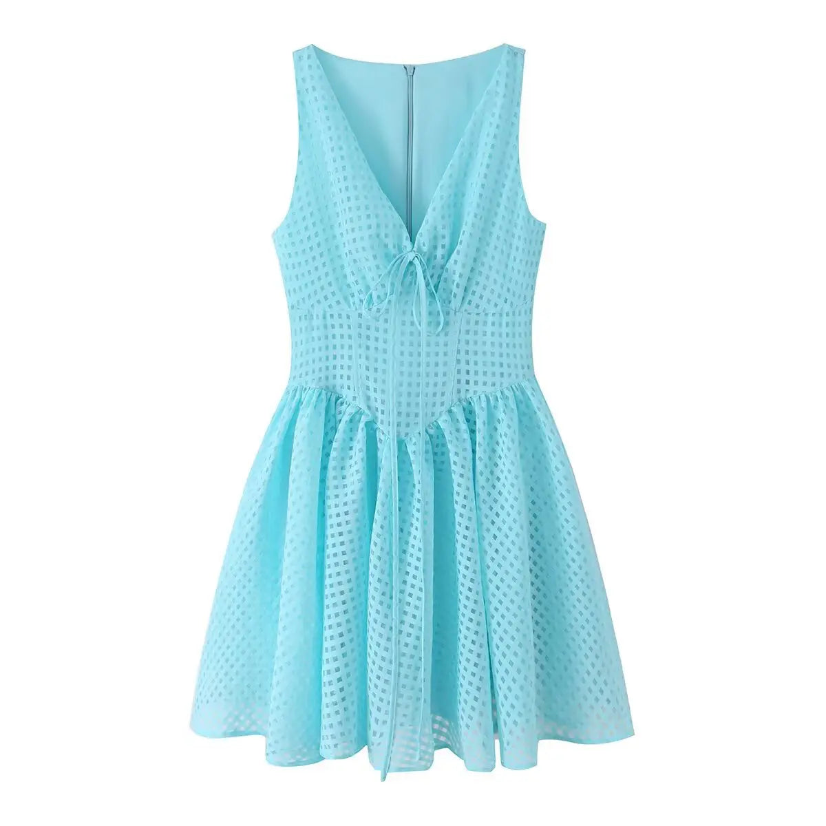 Full front view deep V self tie bust jacquard flare mini sundress