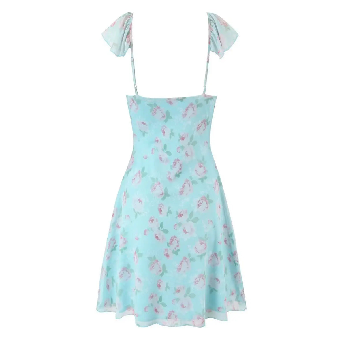 Back view of skyblue rose floral camisole mini dress with adjustable thin spaghetti straps