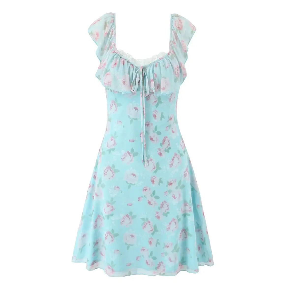 Front view of skyblue rose floral camisole mini dress with ruffle neckline and front tie detail