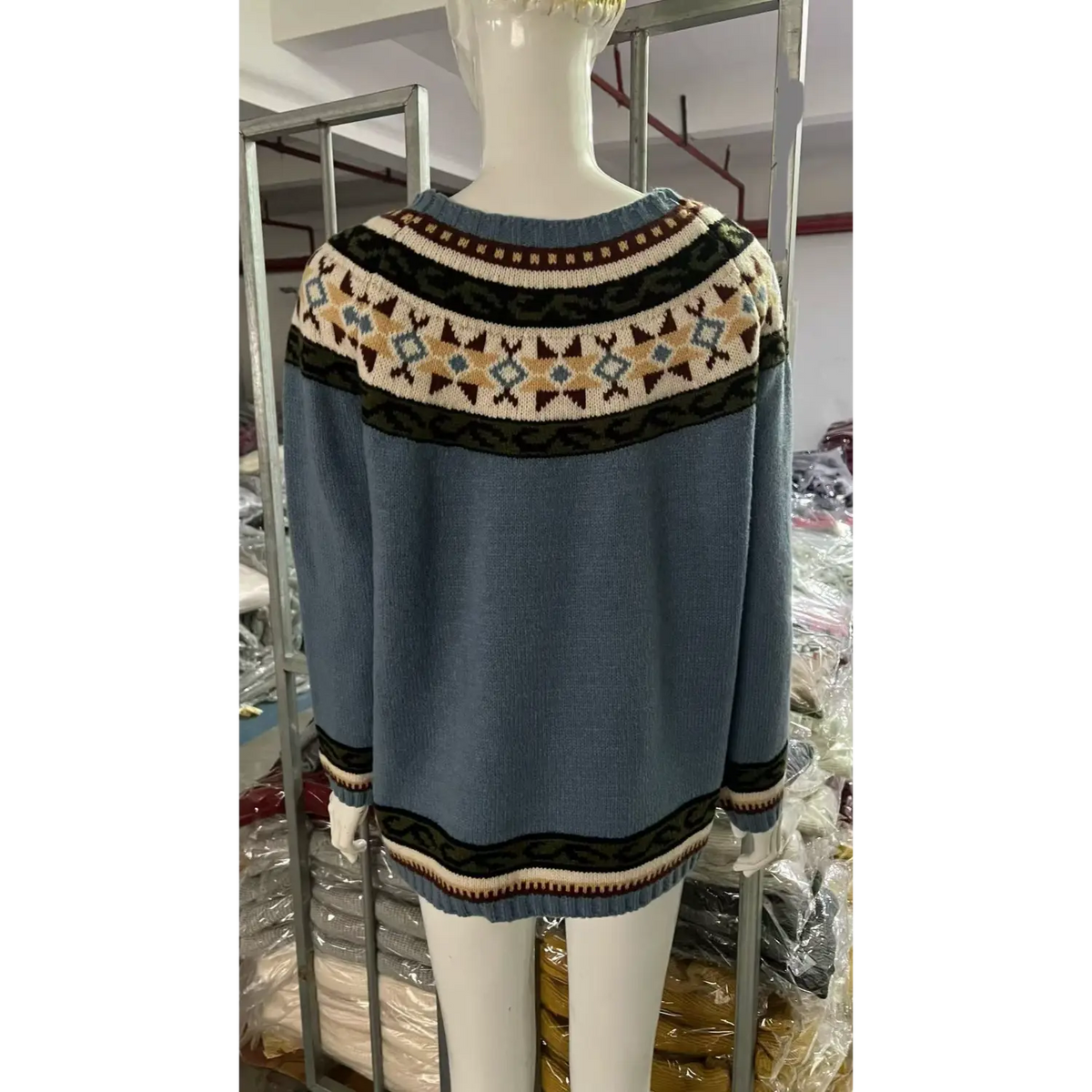Slate blue fair isle knit sweater back view, geometric jacquard yoke pattern, crew neck long sleeve pullover