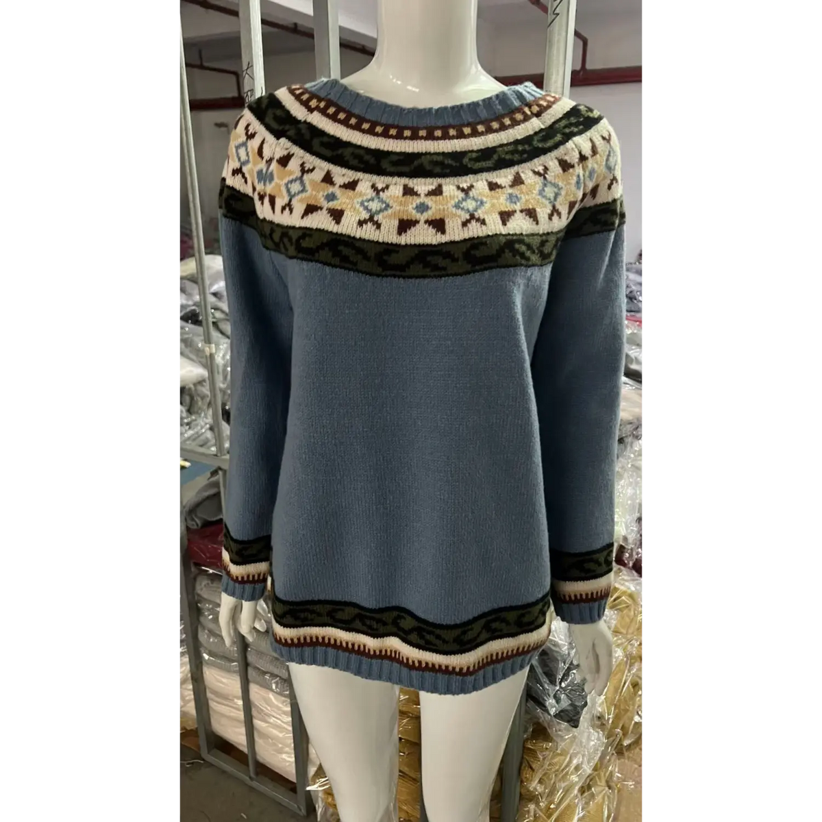 Slate blue solid body fair isle knit sweater, cream yoke with olive green brown and light blue diamond jacquard, matching hem and cuff bands