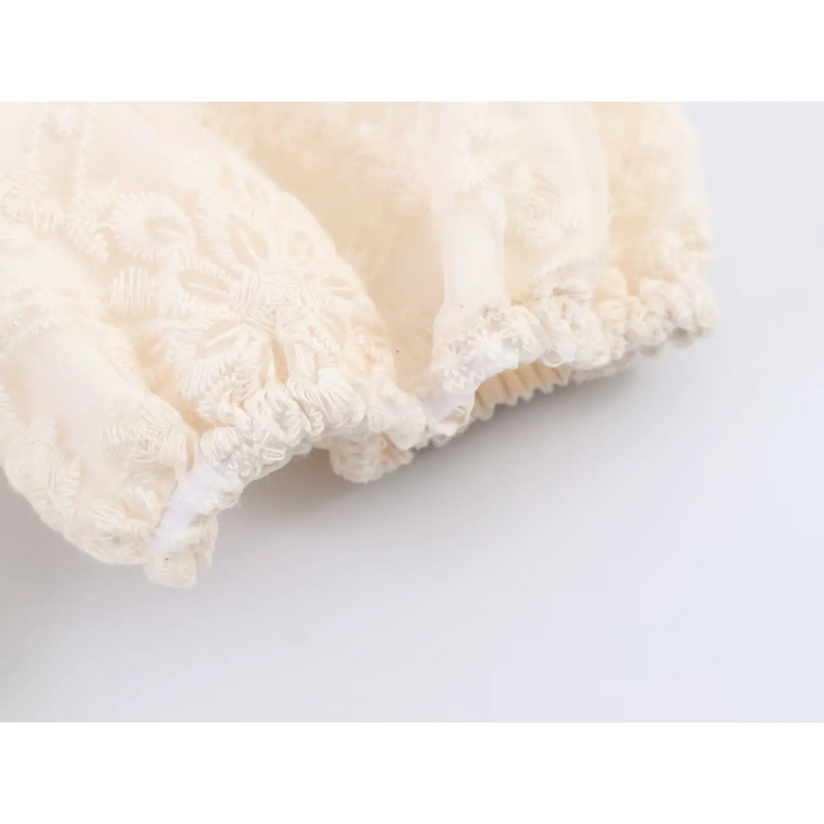 Macro detail of ruffled elastic cuff and fine lace embroidery on beige puff sleeve mini dress