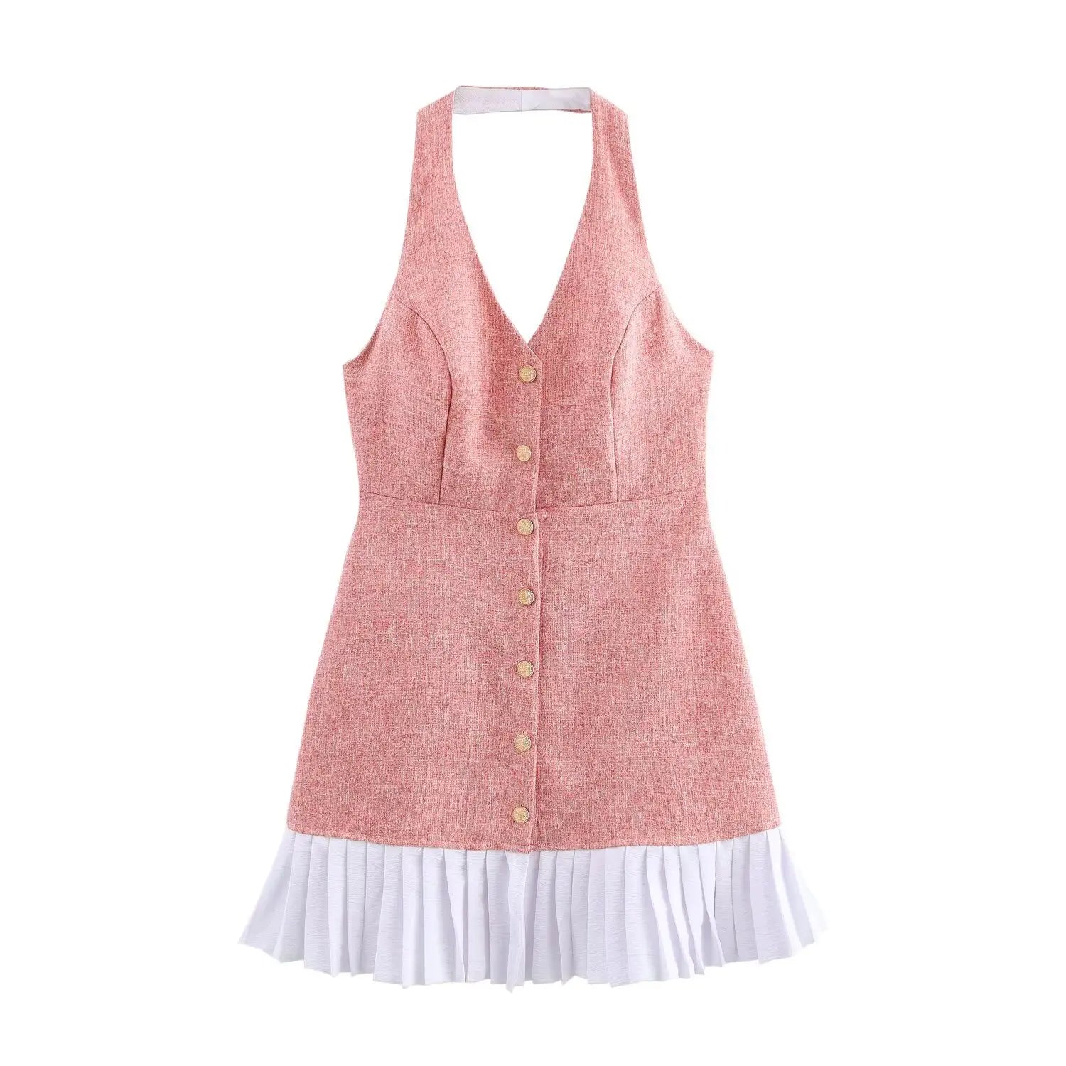 Front product flat shot, sleeveless halter plunge V neck, vertical gold embossed button placket, fitted waist, contrast white pleated ruffle mini skirt