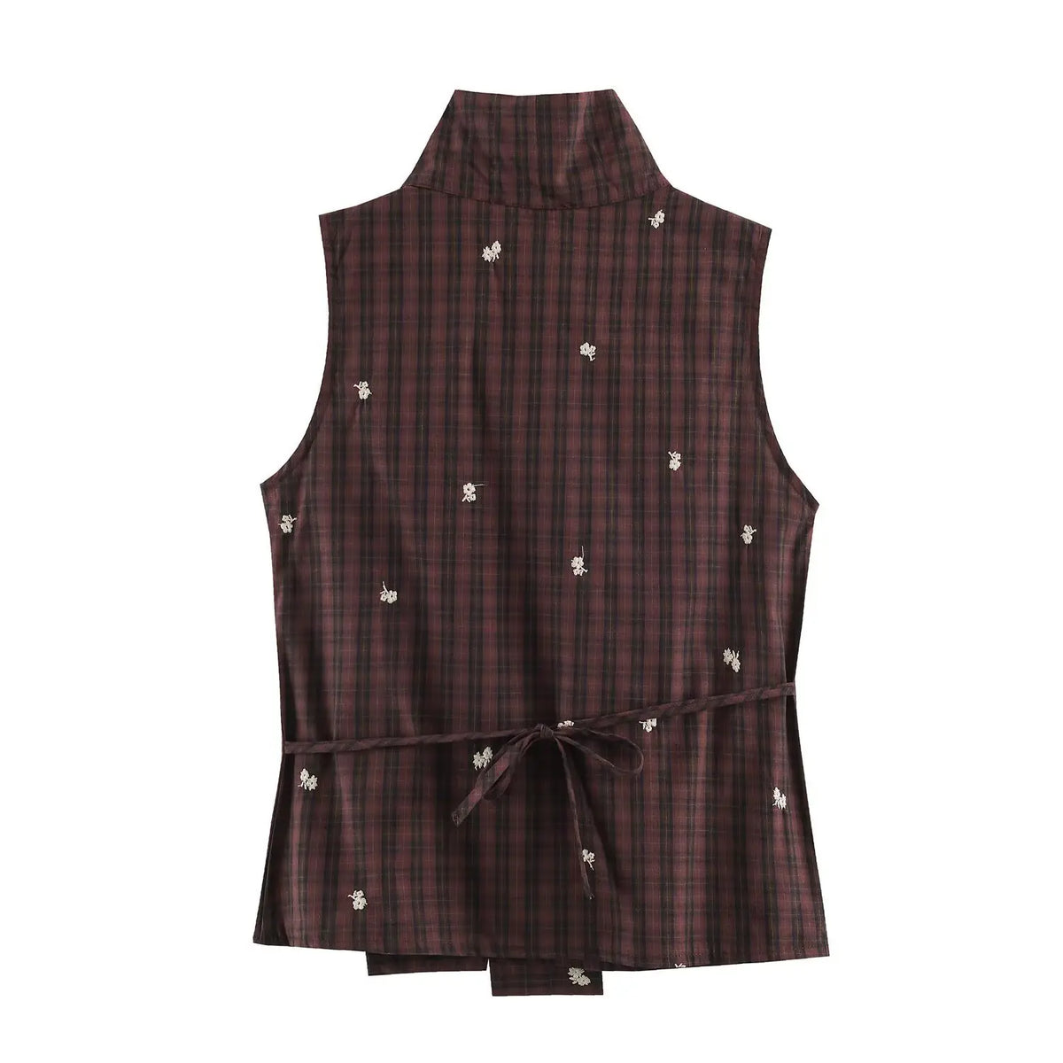 Back view of sleeveless wine red plaid vest with waist tie bow at back, stand collar and white floral embroidery on white background