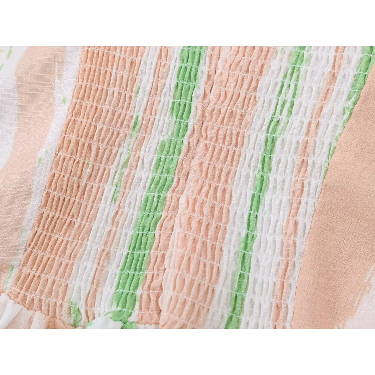 Back smocked elastic waist panel macro shot, stretch ruched woven stripe fabric, figure-friendly stretch waist construction