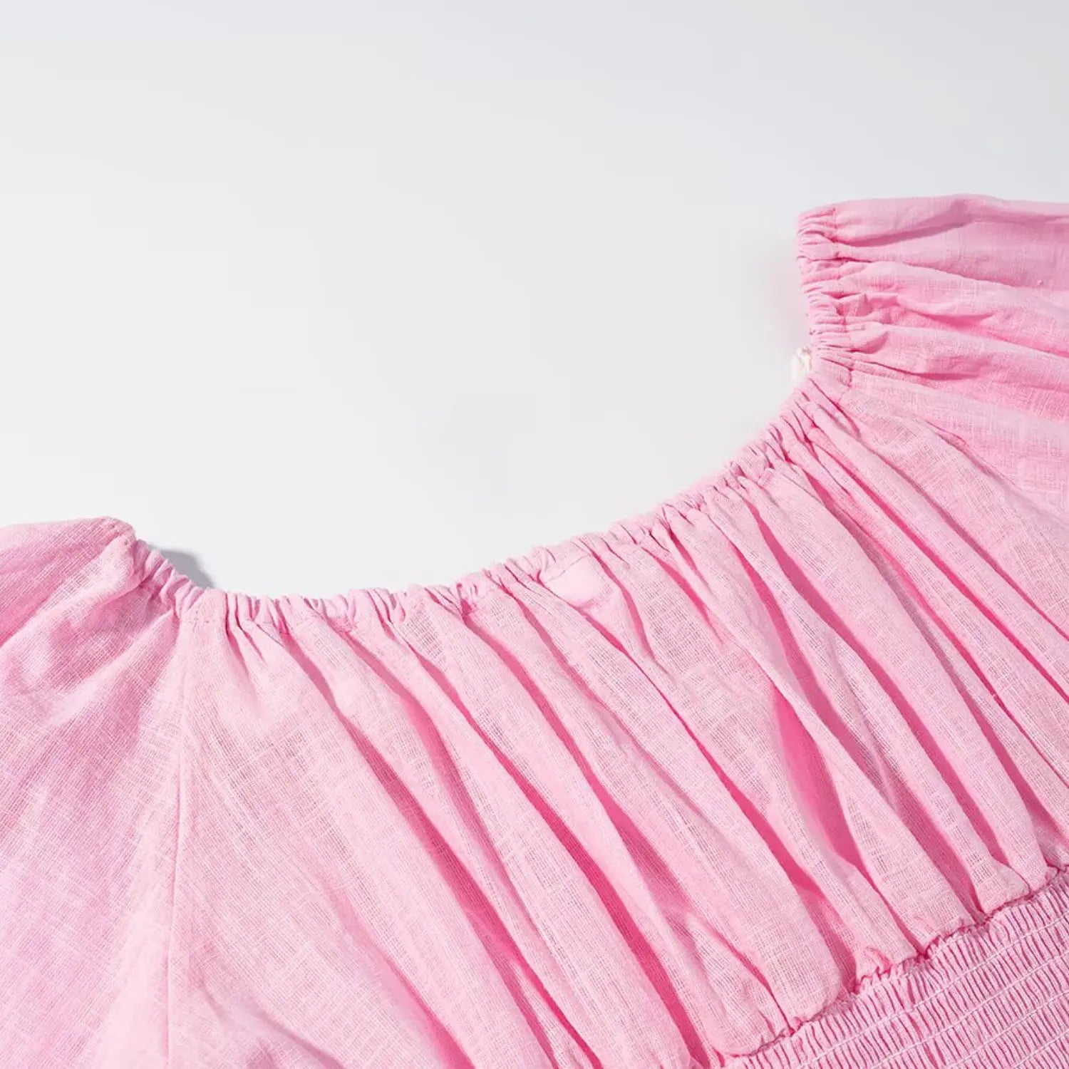 Long sleeve cuff close-up, elastic smocked shirring, flared ruffle hem edged with white lace