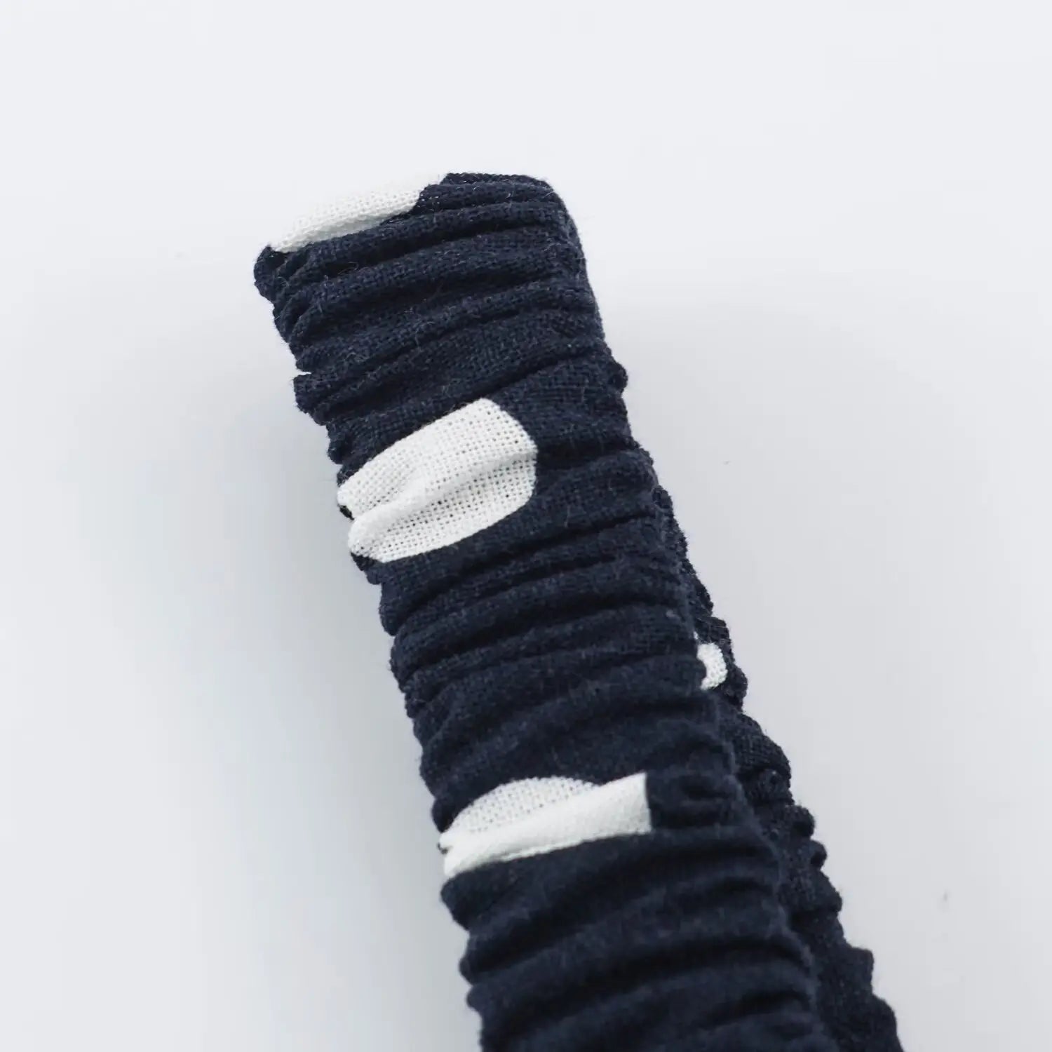 Macro close‑up of smocked strap texture, navy polka dot woven fabric, elastic gathered detail