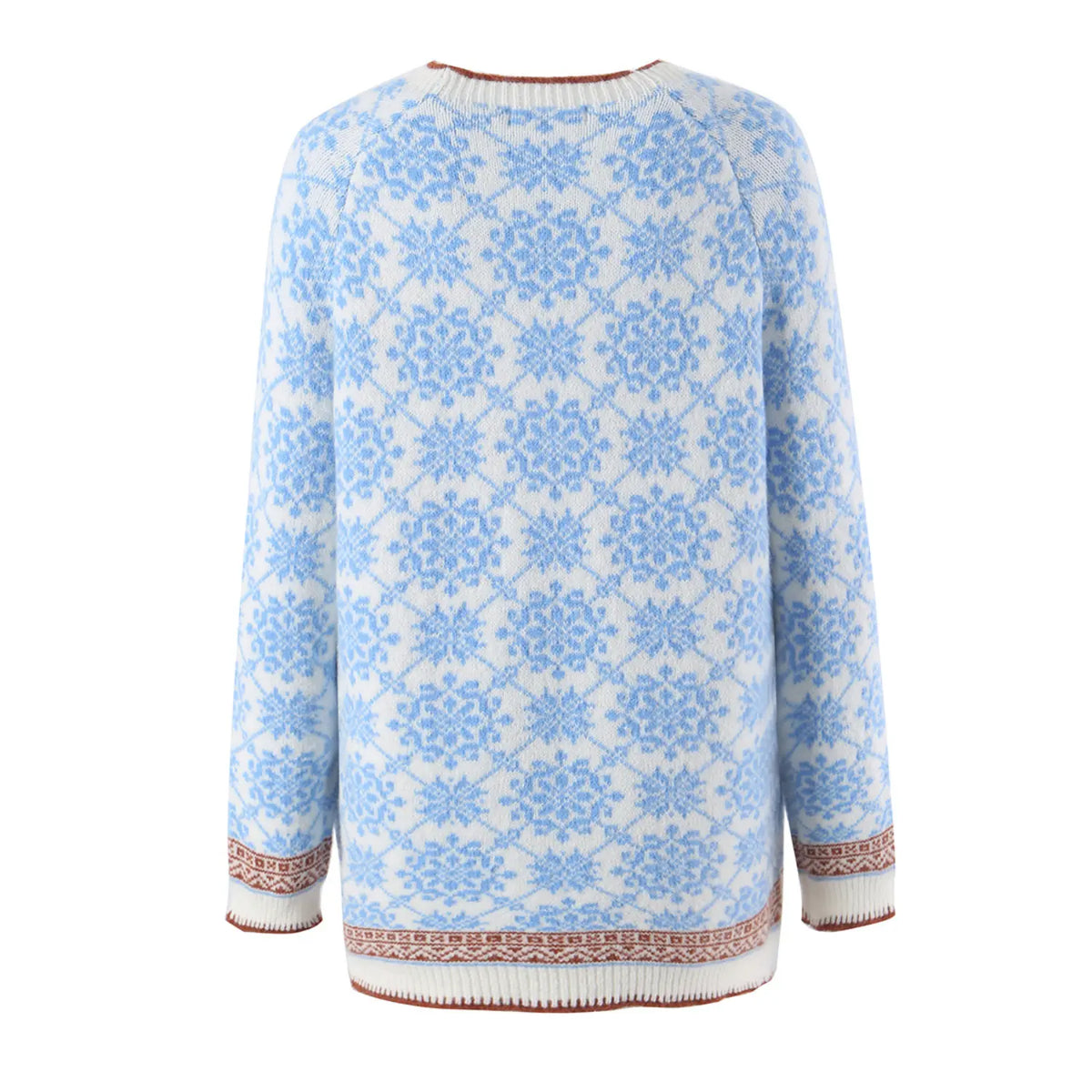 Back flat lay of snowflake fair isle crew neck sweater