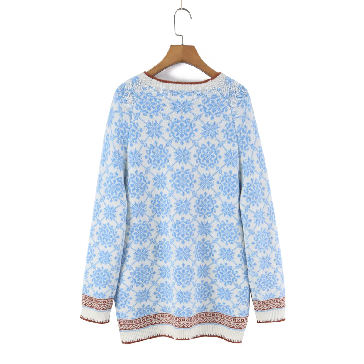 Hanging back view of snowflake fair isle crew neck sweater
