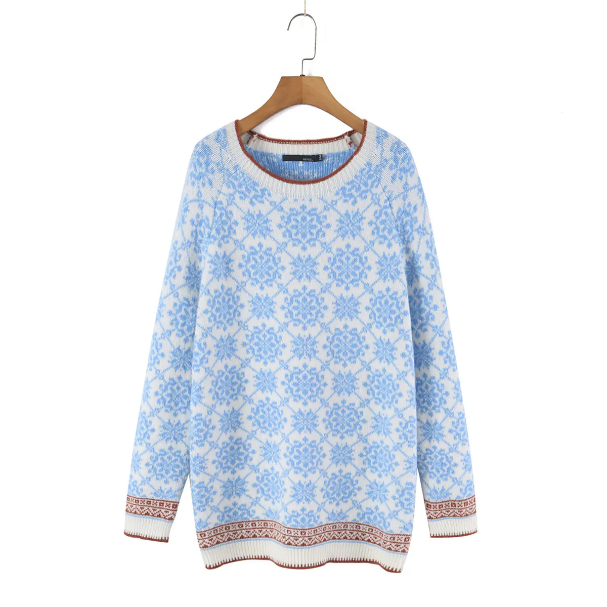 Hanging front view of snowflake fair isle crew neck sweater