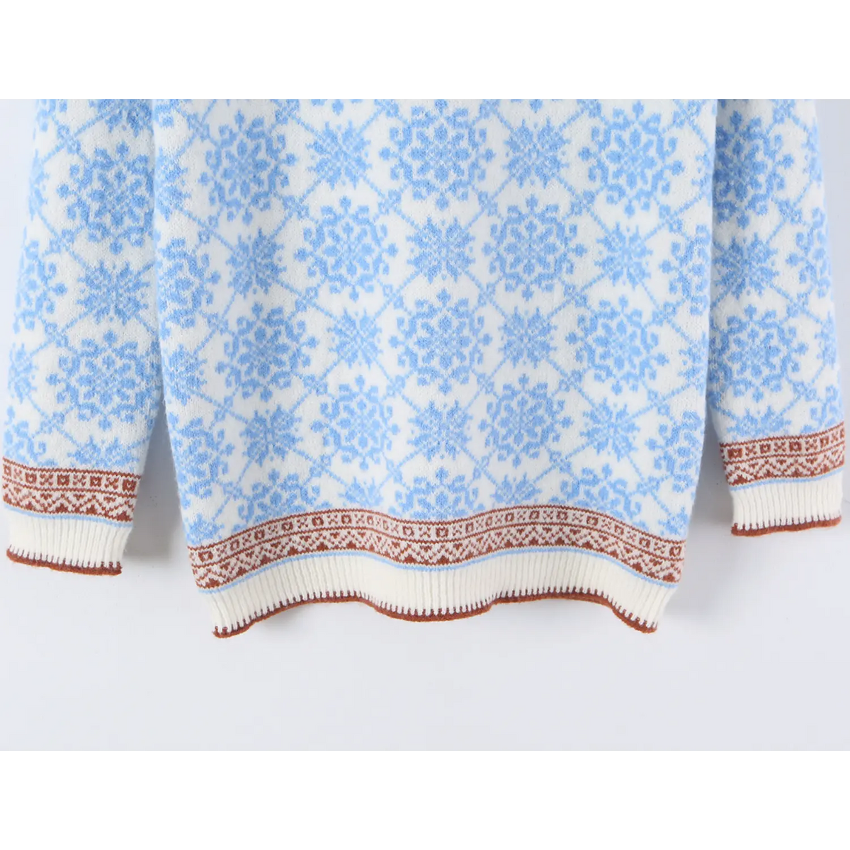 Close-up of hem and cuff fair isle trim