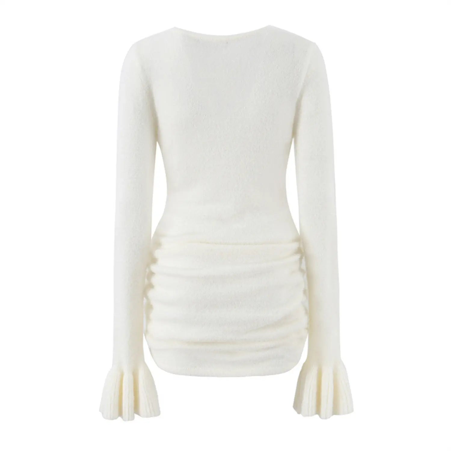 Back view cream fuzzy plush knit long sleeve top, solid simple rear round neck ruched hip fitted mini tunic shirt