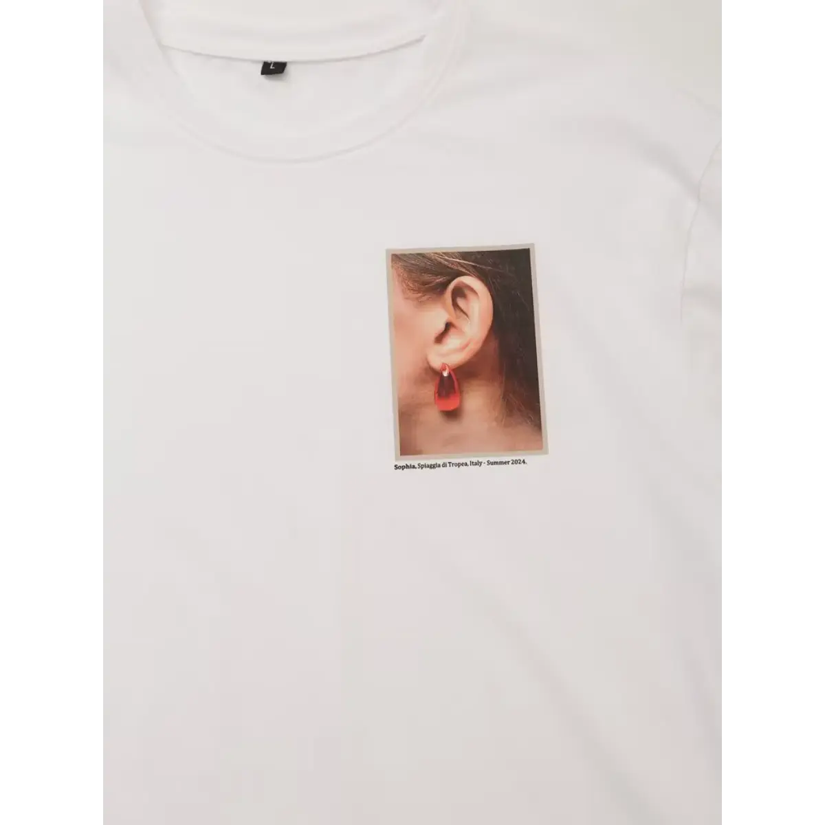 Full front flat lay relaxed fit crew neck red earring graphic oversized cotton tee