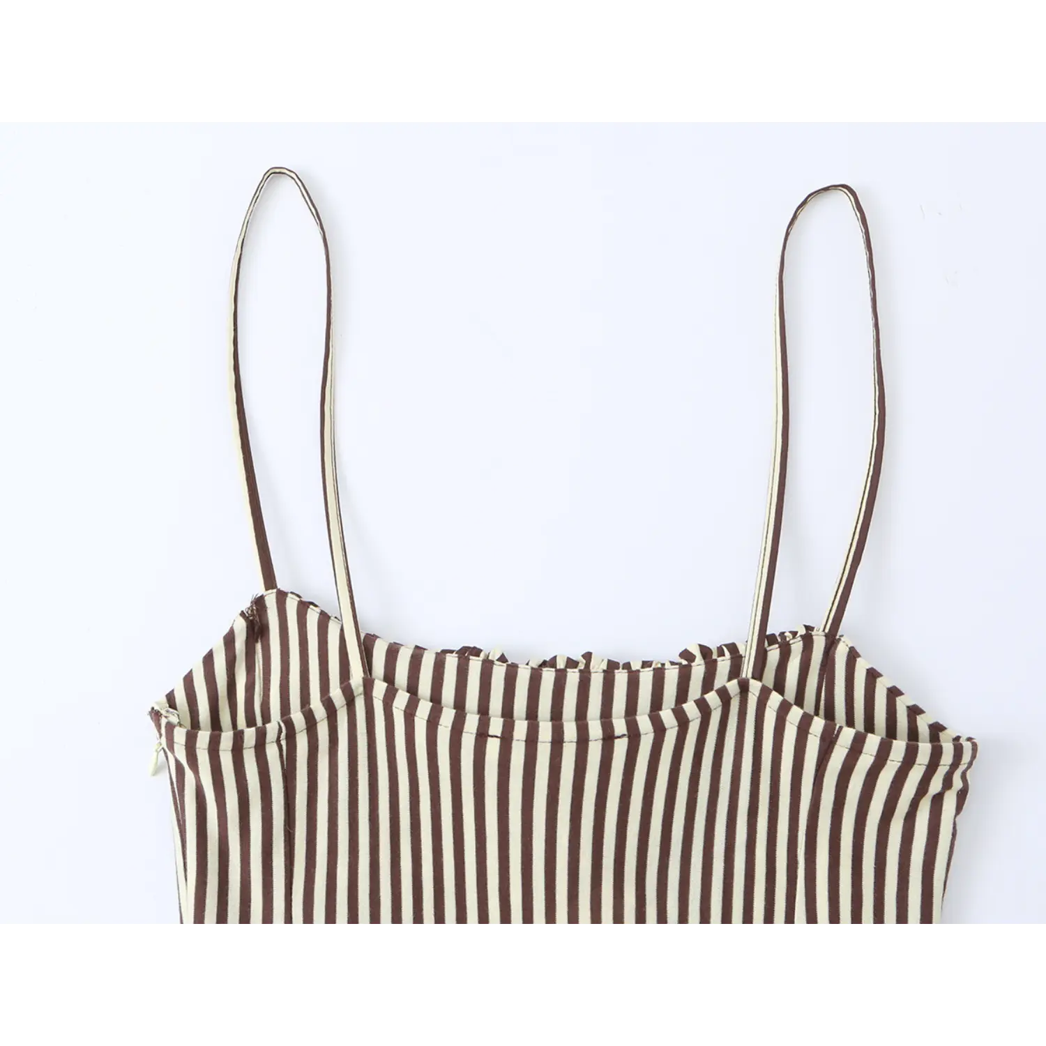 Back neckline and thin spaghetti straps detail of brown white striped midi dress