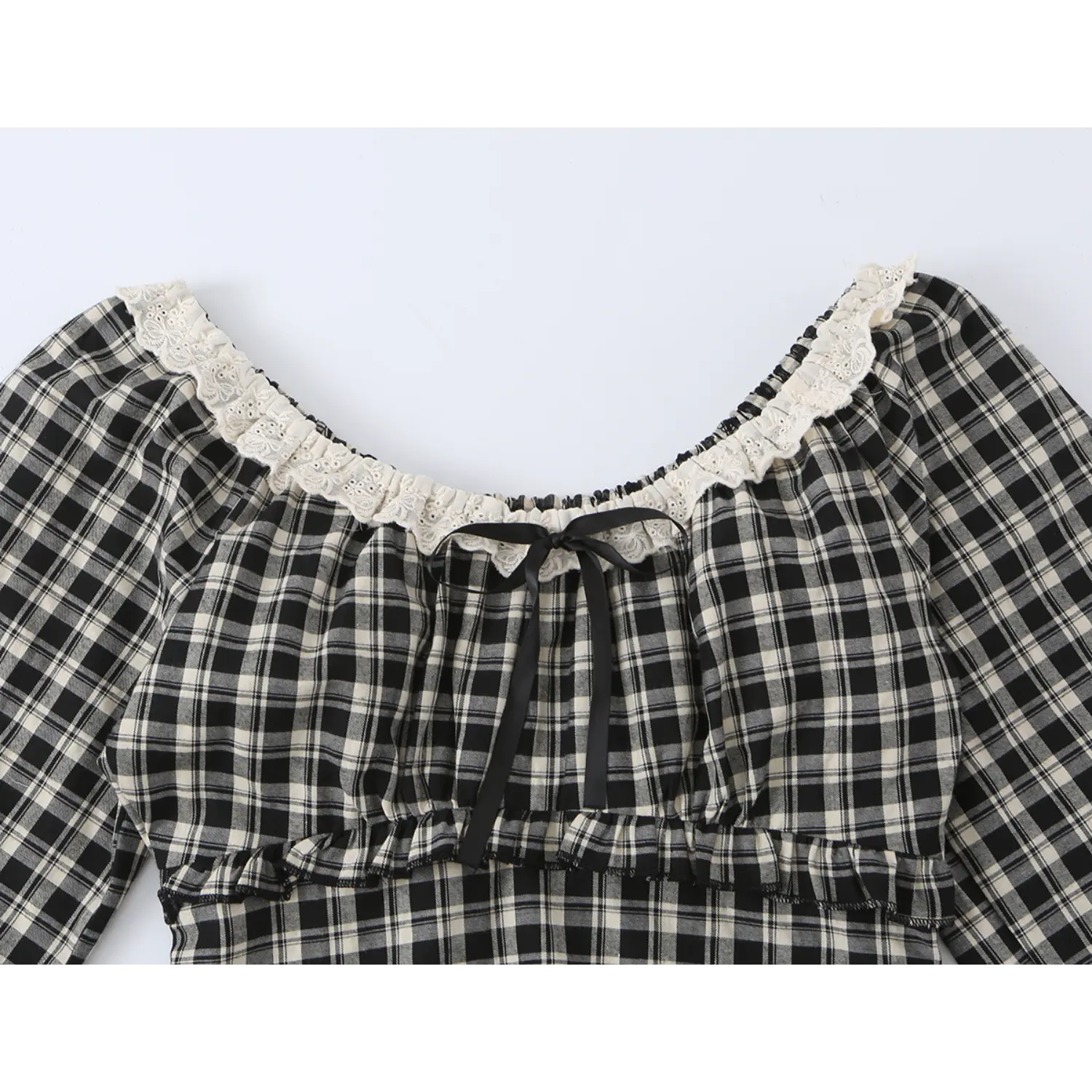 Full upper shot wide square neck plaid long sleeve crop top, scalloped off-white eyelet lace elastic neckline, center front black satin tie bow, vintage y2k fitted blouse