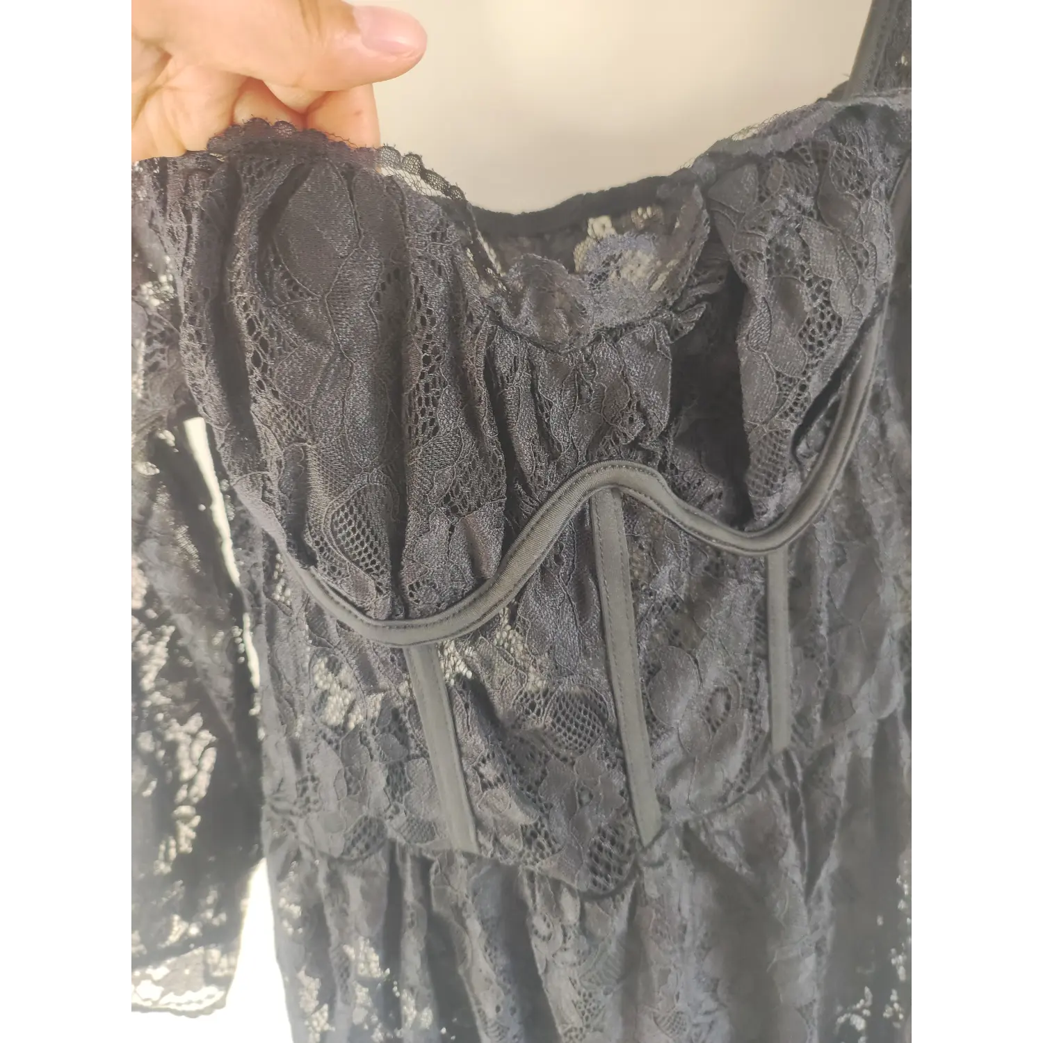 Square neck ruched bust with corset boning detail, black floral lace maxi dress | Detail