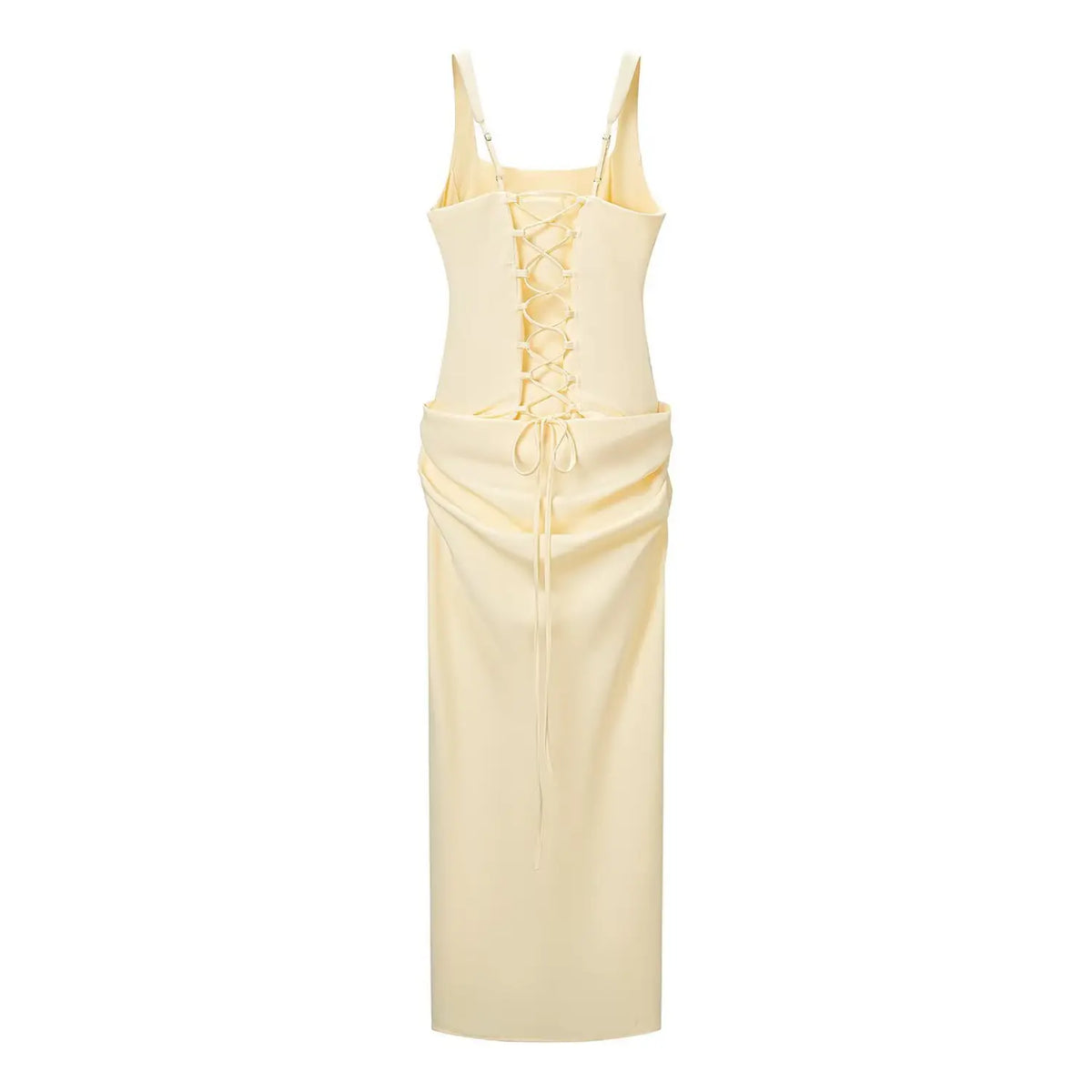 Back flat lay of butter yellow square neck corset lace up draped maxi dress