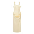 Front flat lay of butter yellow square neck corset lace up draped maxi dress