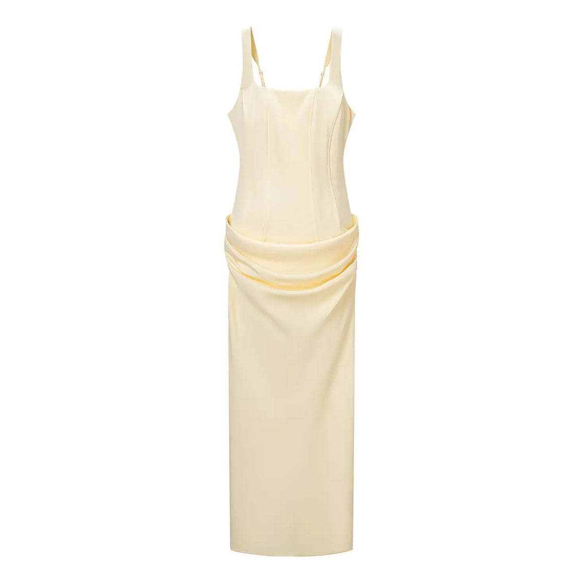 Front flat lay of butter yellow square neck corset lace up draped maxi dress
