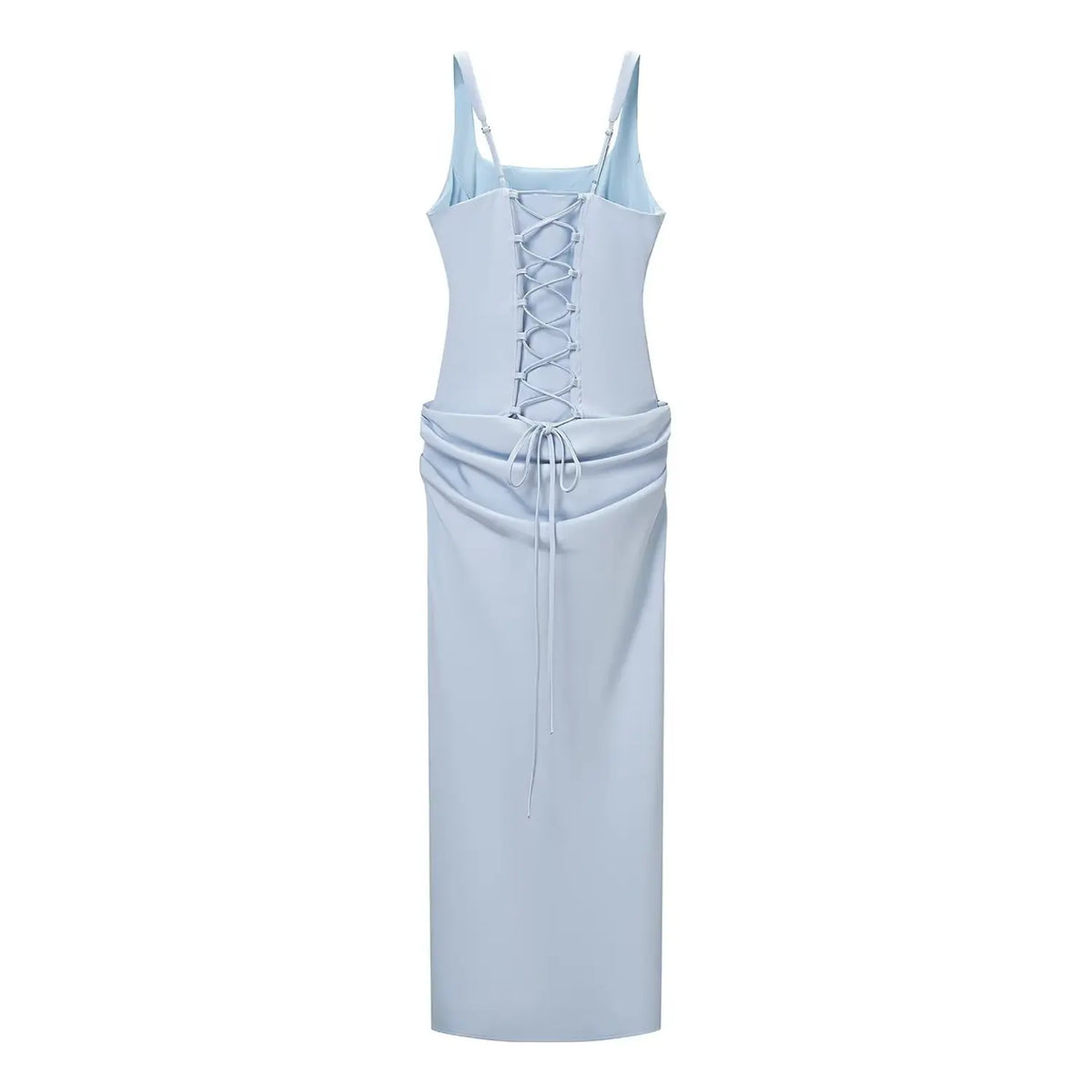 Back flat lay of light blue square neck corset lace up draped maxi dress