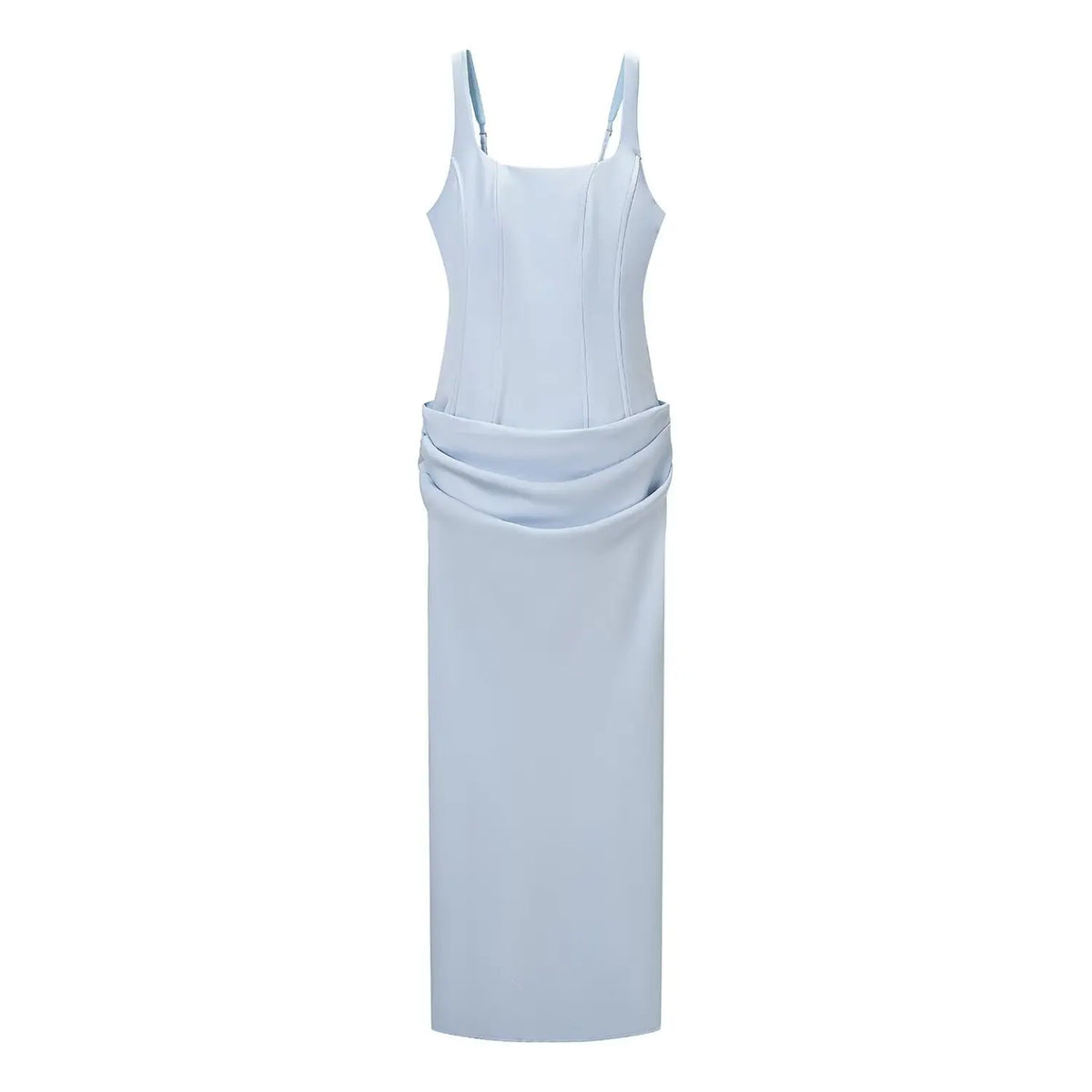 Front flat lay of light blue square neck corset lace up draped maxi dress