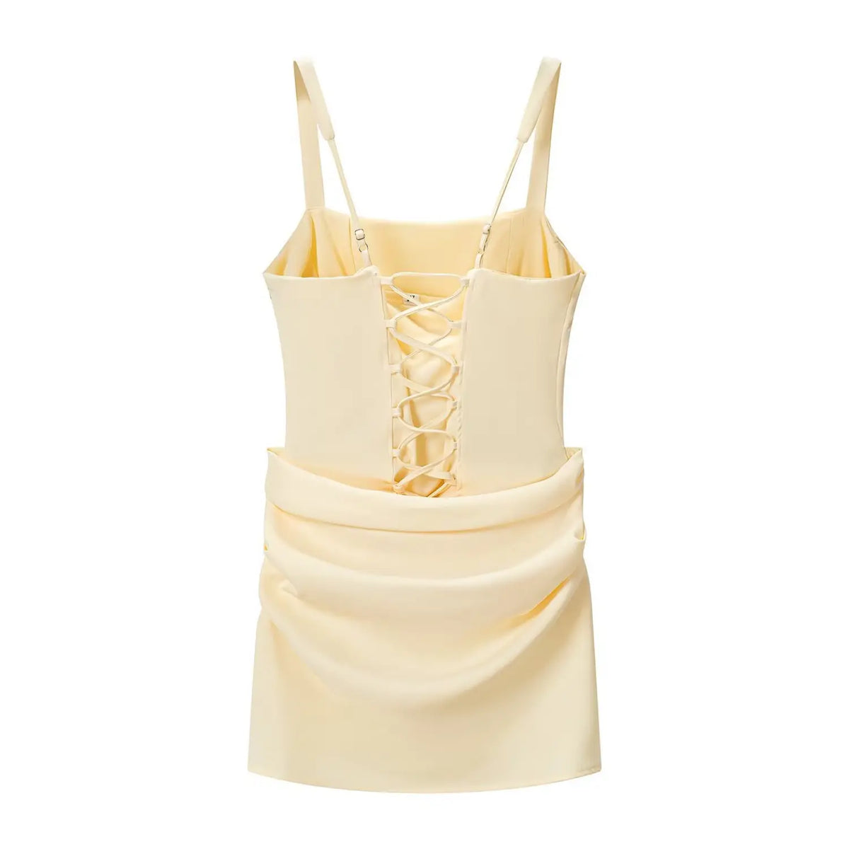 Back flat lay of butter yellow square neck corset lace up draped mini dress