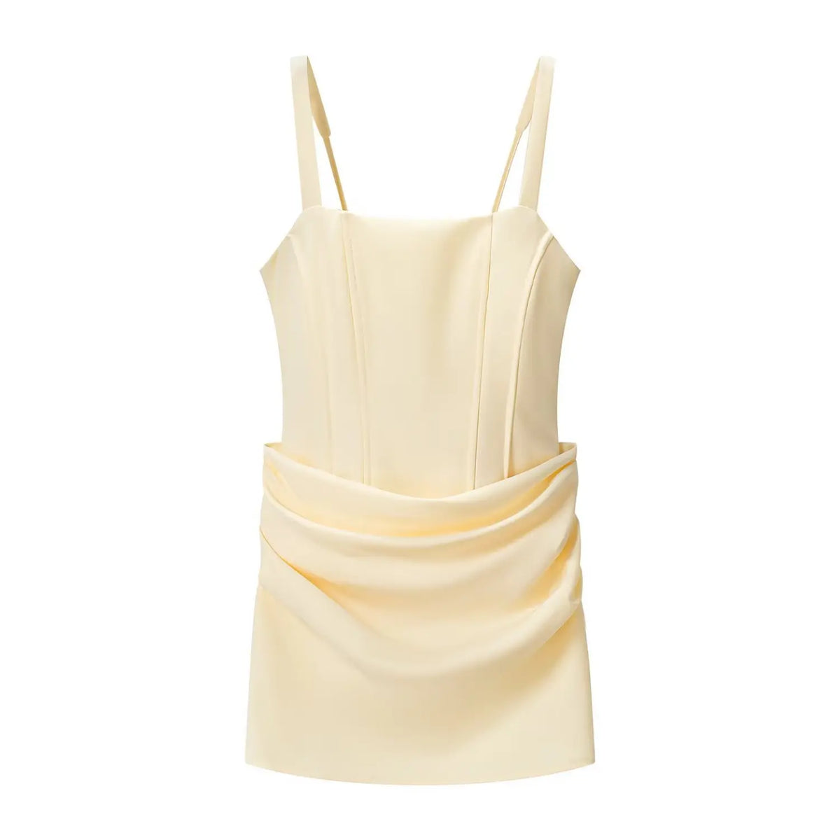 Front flat lay of butter yellow square neck corset lace up draped mini dress