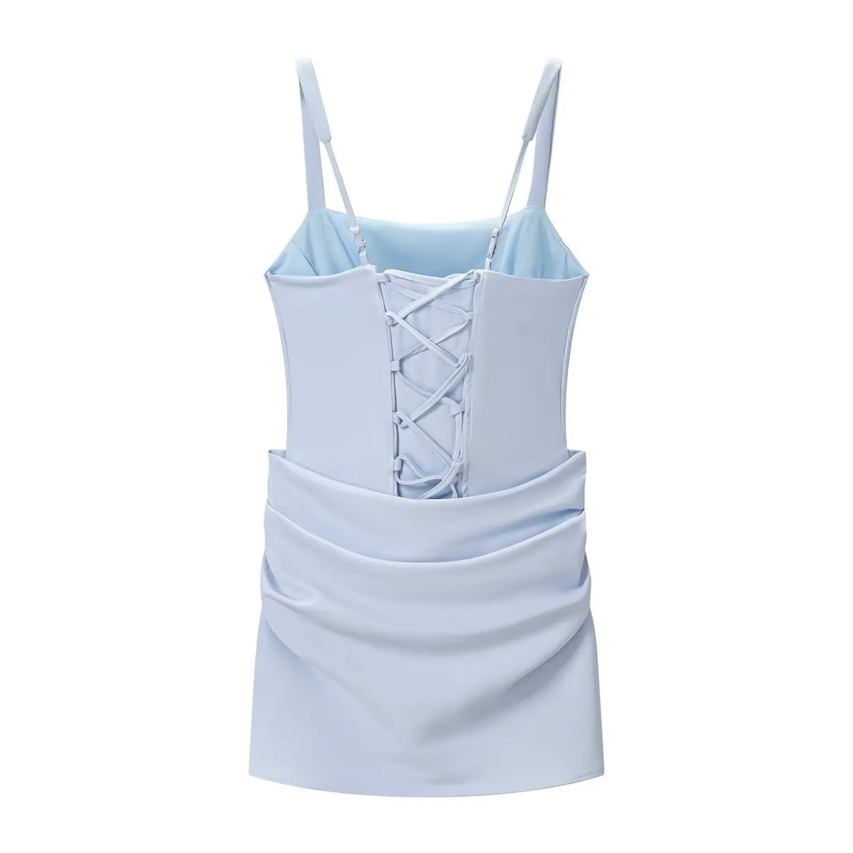 Back flat lay of light blue square neck corset lace up draped mini dress