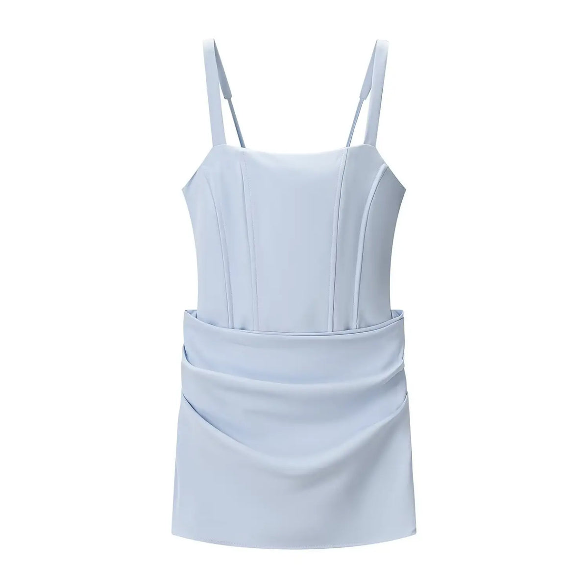 Front flat lay of light blue square neck corset lace up draped mini dress