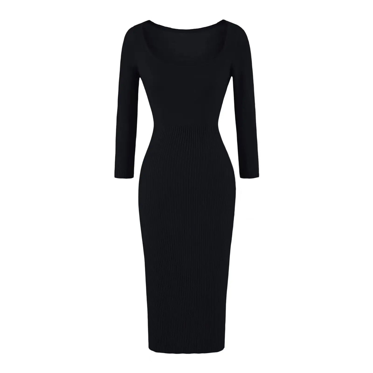 Square neck ribbed knit bodycon midi dress in black, front flat