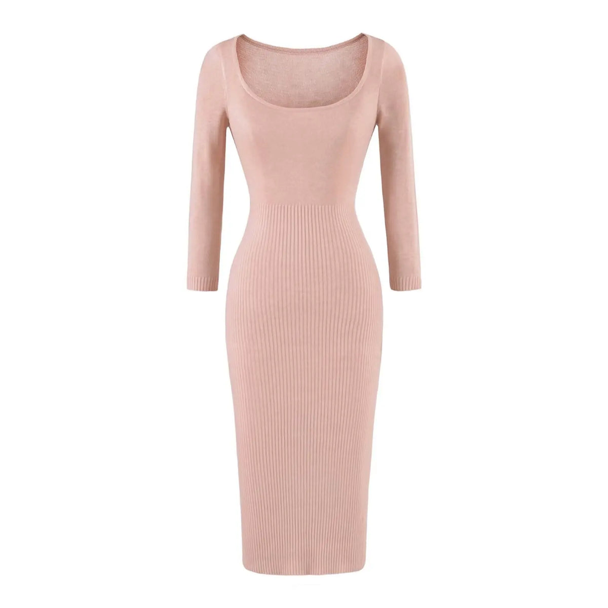 Square neck ribbed knit bodycon midi dress in blush, front flat