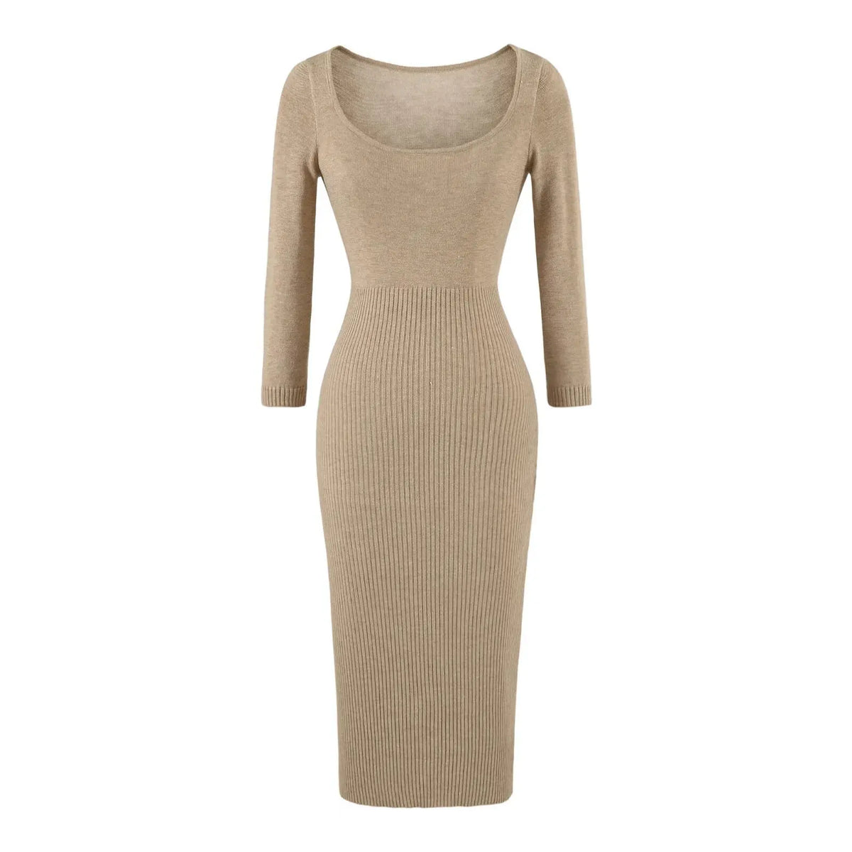 Square neck ribbed knit bodycon midi dress in oat, front flat