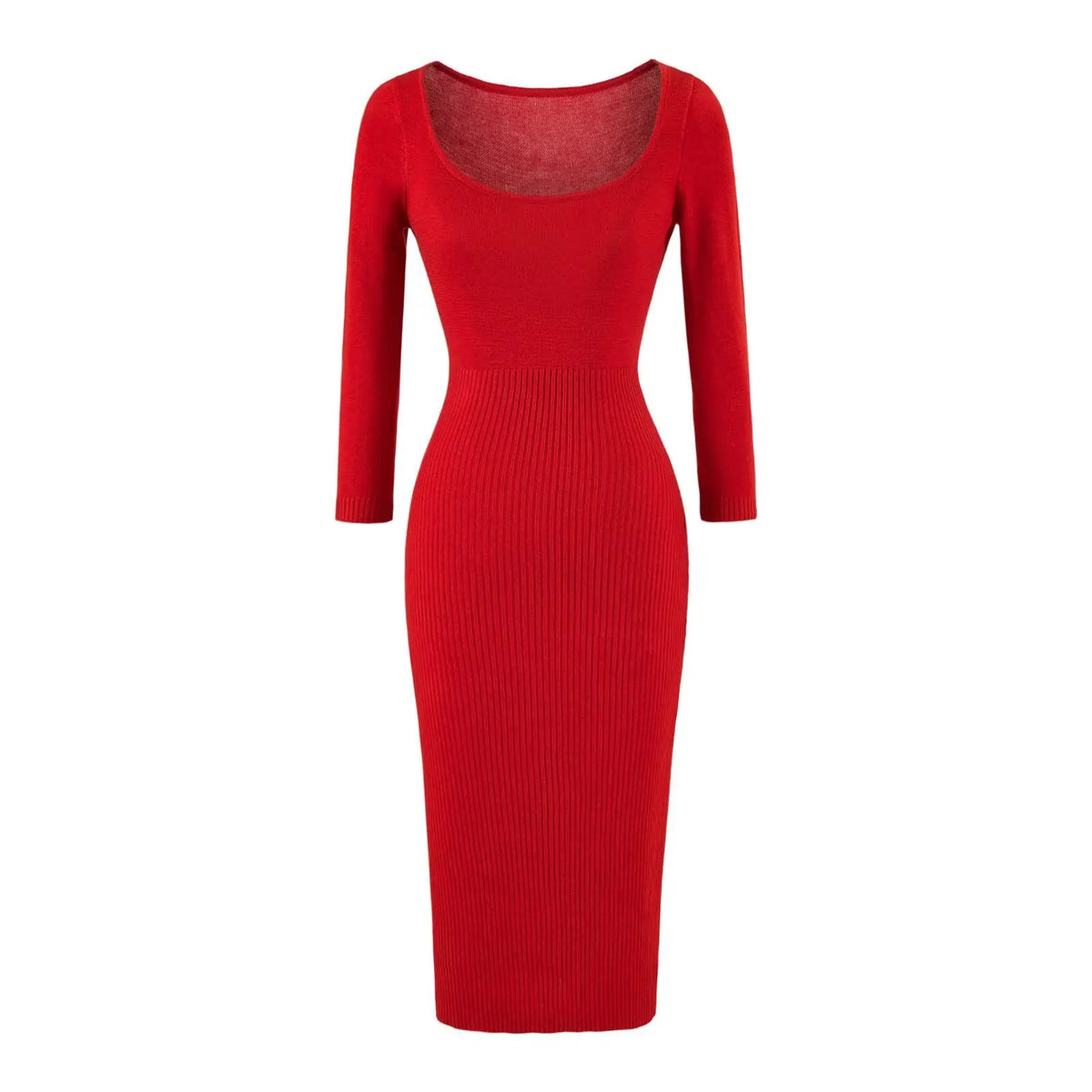Square neck ribbed knit bodycon midi dress in red, front flat