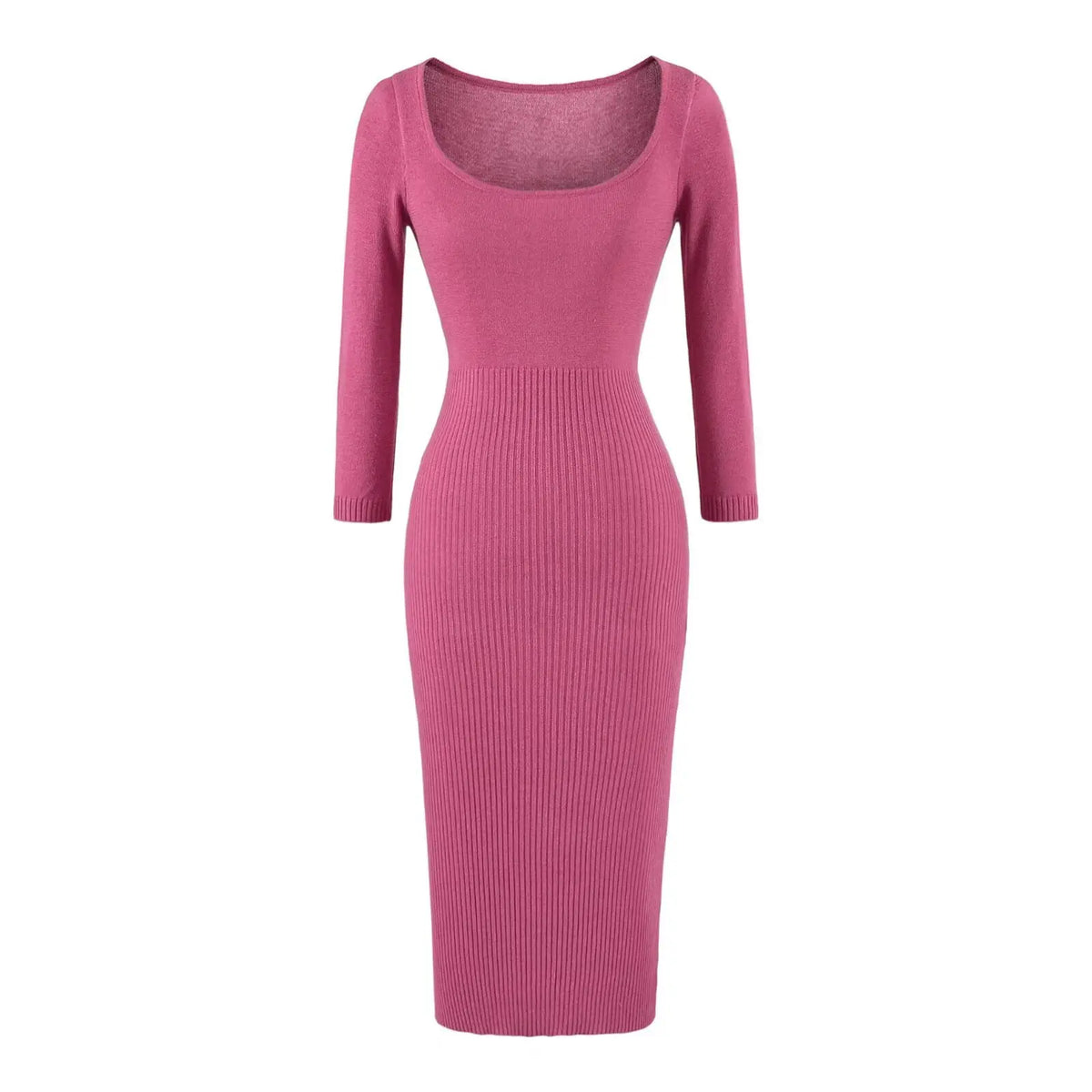 Square neck ribbed knit bodycon midi dress in rose, front flat